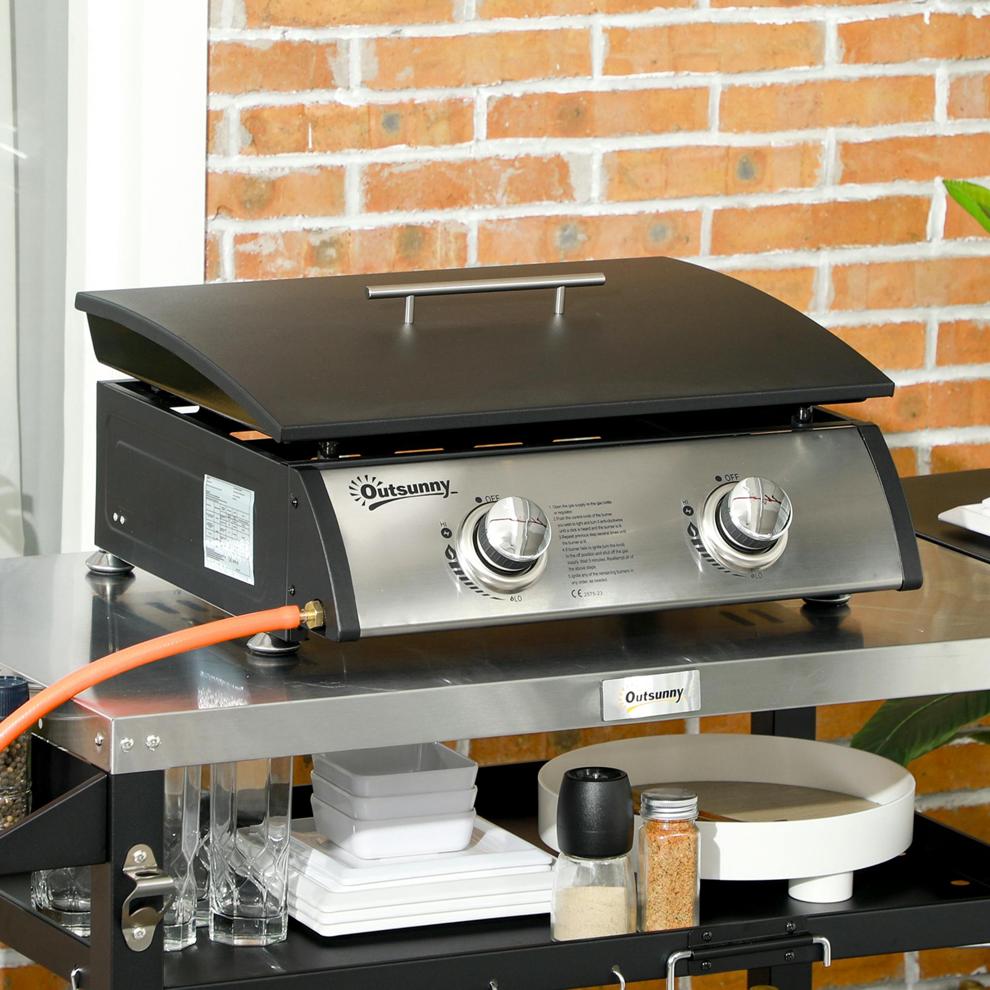 Rackhams Silver Portable Gas Plancha Bbq Grill With 2 Stainless Steel Burner, 6Kw - 48.5L X 48W X 23H Cm