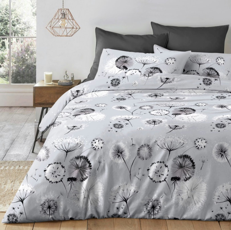 Rackhams Grey Dandelion Printed Cotton Blend Duvet Cover And Pillowcase Set - King