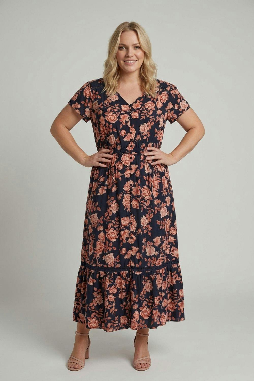 Izabel London Light Curve Lace Tiered Cap Sleeve Maxi Dress - 20 - Navy