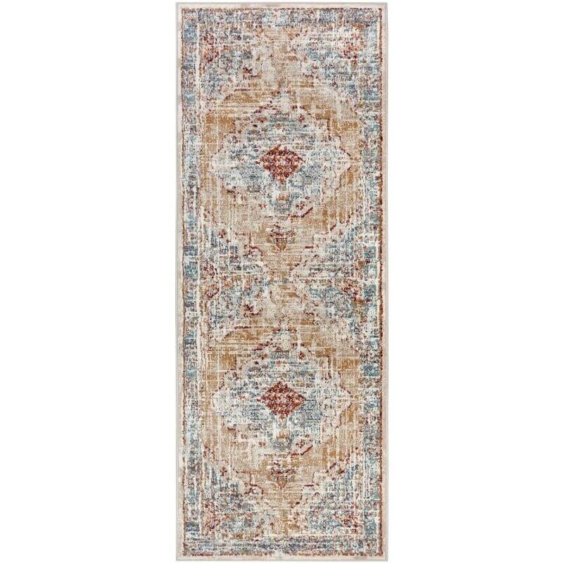 Rackhams Beige/Blue Short Pile Rug Strozzi Oriental Bordered Design - 80X240 Cm