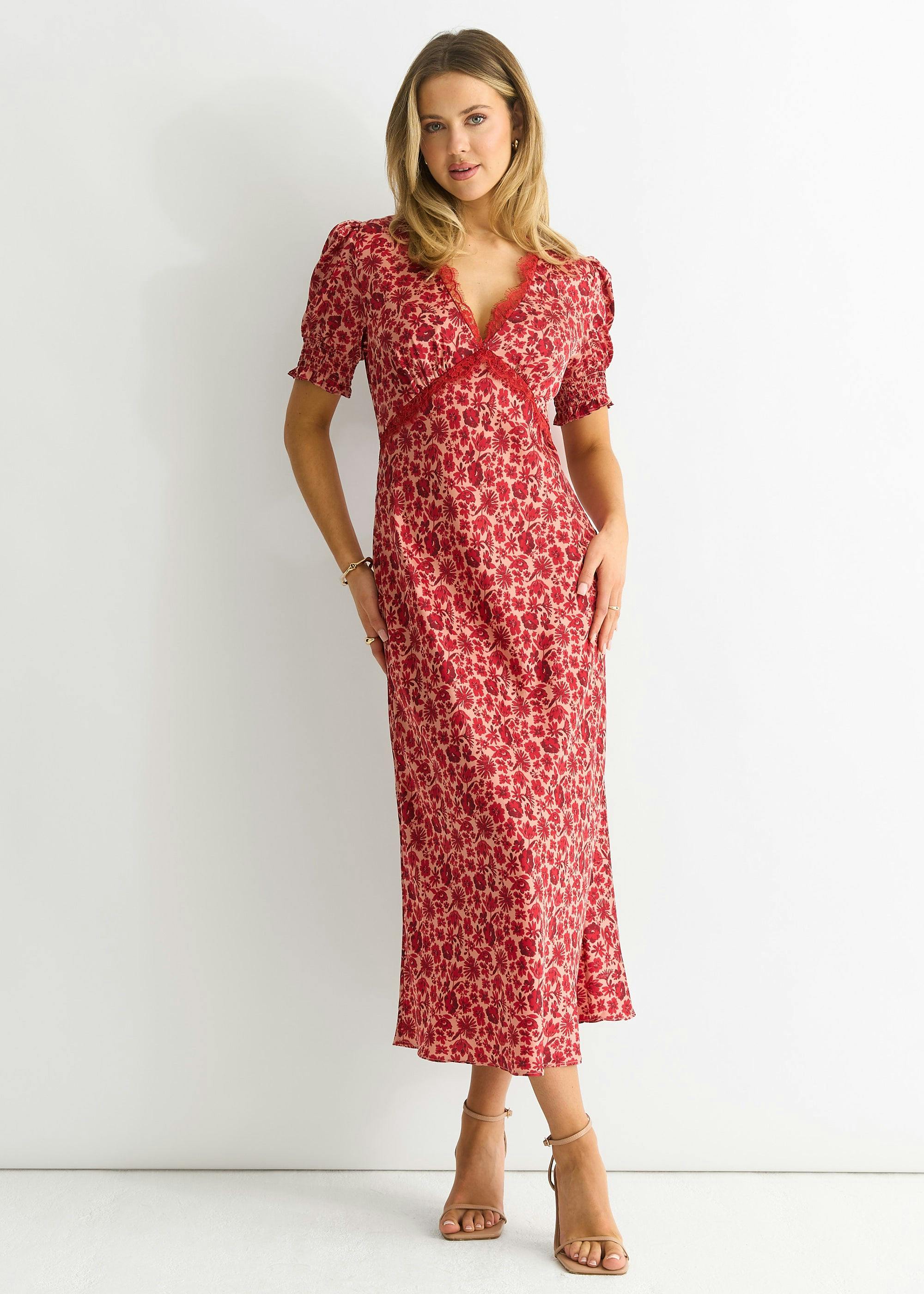Gini London Red Floral Lace Trim V Neck Midi Dress - Uk 10 / Us 6 / Eu 38