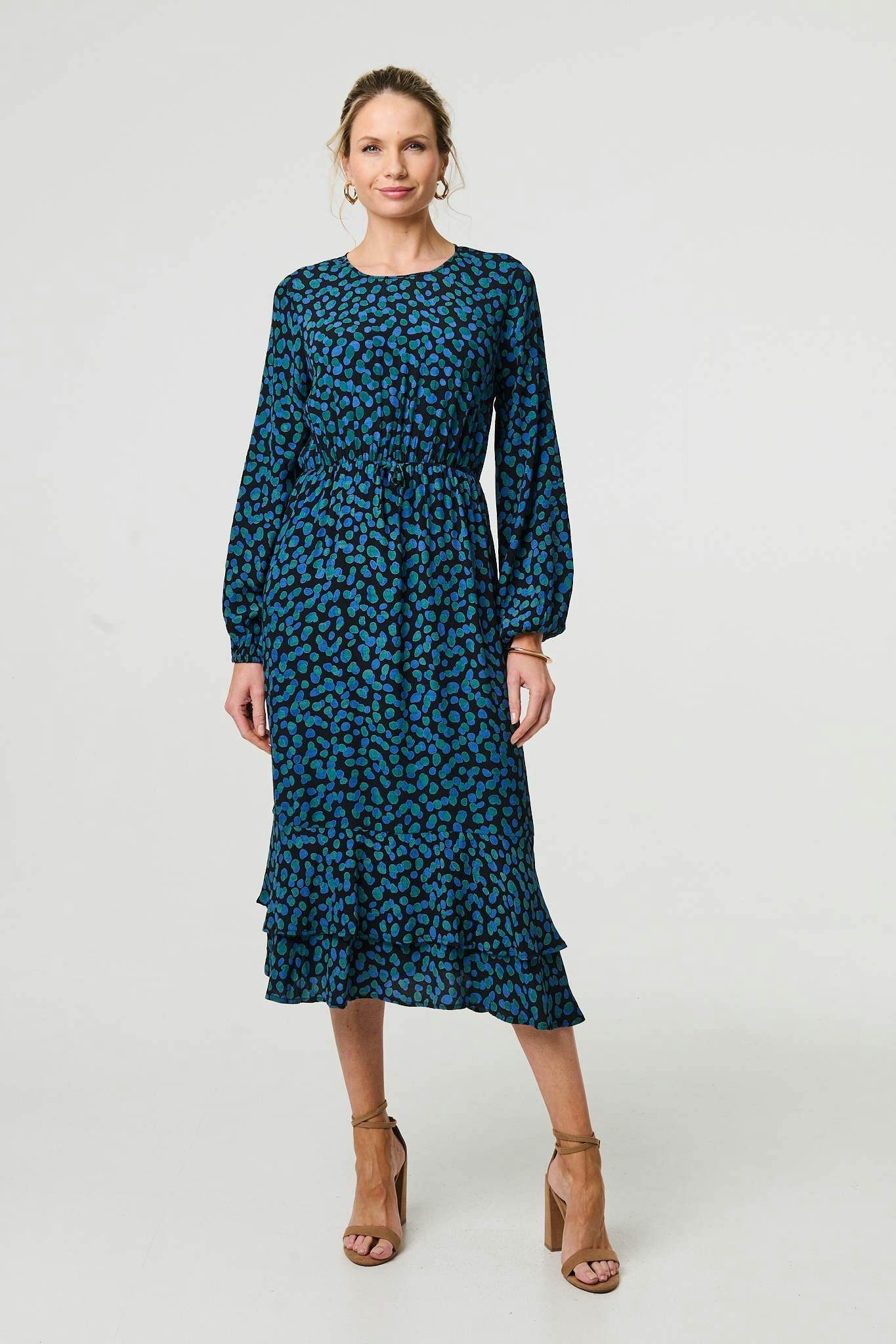 Izabel London Green Printed Flare Sleeve Ruffled Midi Dress - 10