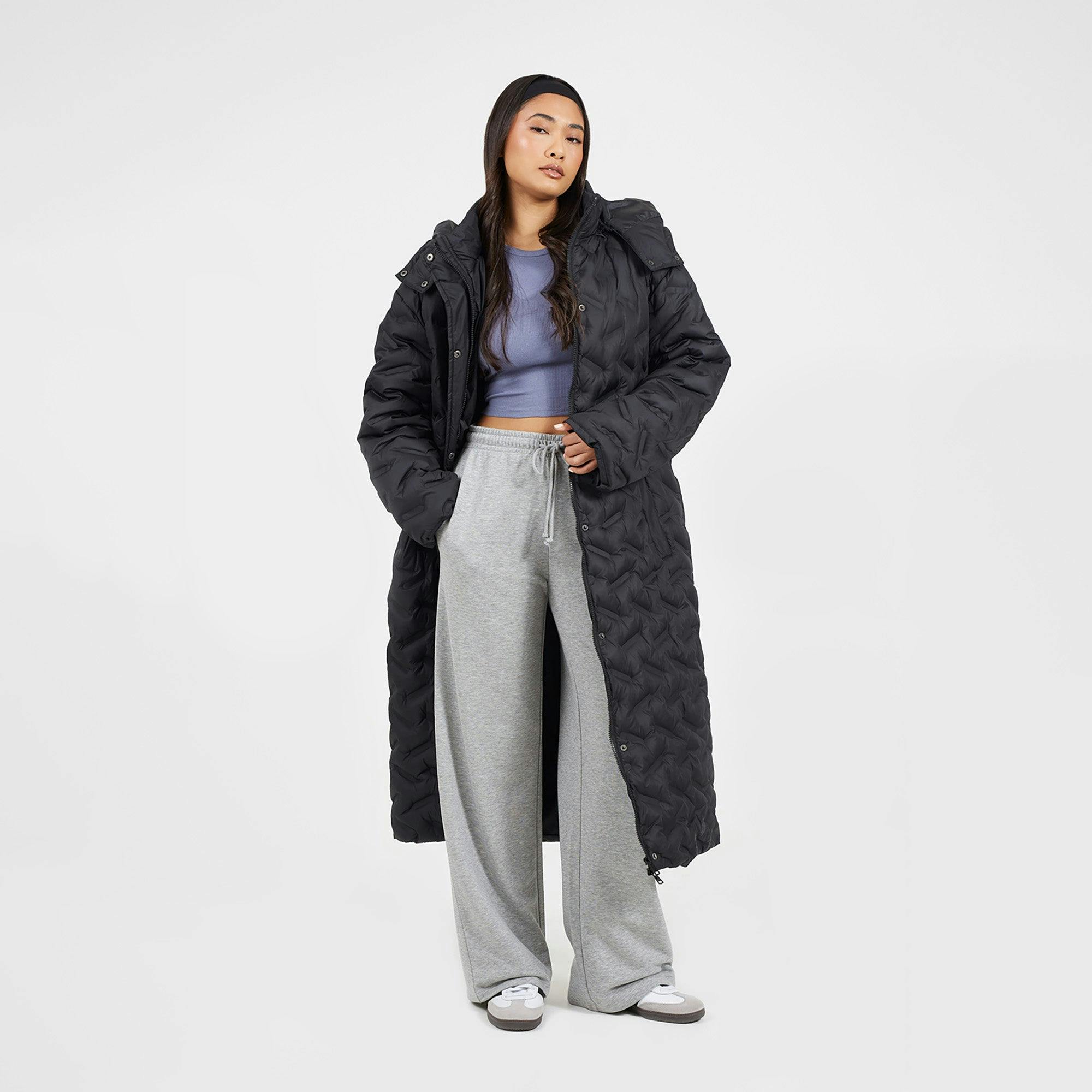 Brave Soul Women's Black Heat Seal Quilted Longline Padded Jacket - 10