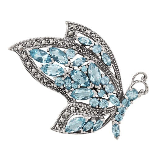 Gemondo Blue/Silver Art Nouveau Style Marquise Topaz & Marcasite Flying Butterfly Brooch In 925 Sterling