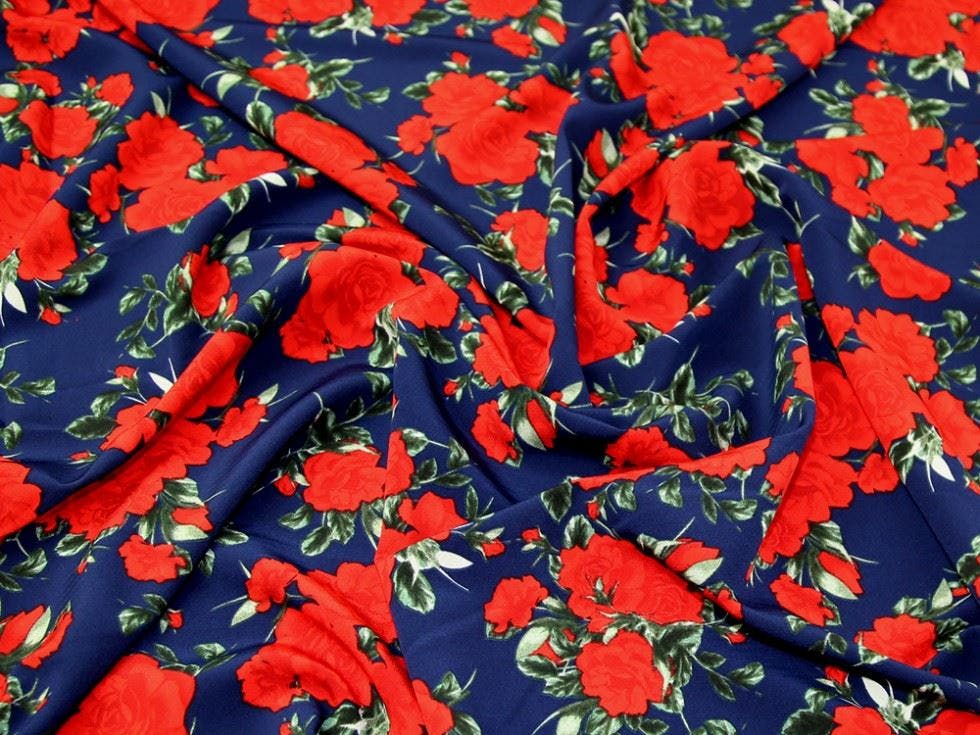 Minerva Blue Core Range Deadstock Morrocaine Crepe Fabric - Flowers Design Dressmaking Fabric, 145 Cm / 58" Wide - Per Metre - Navy