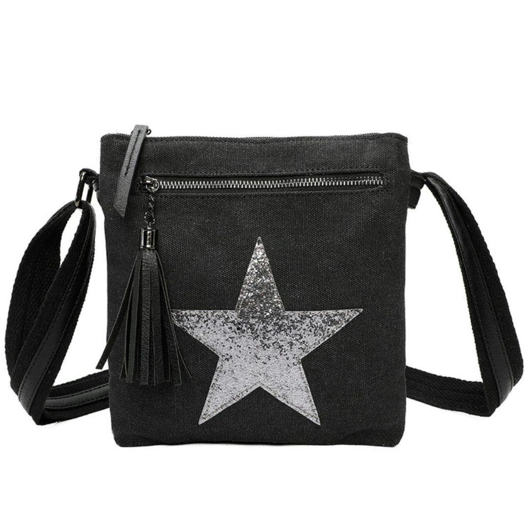 Love Emvy Black Metallic Star Canvas Crossbody Bag