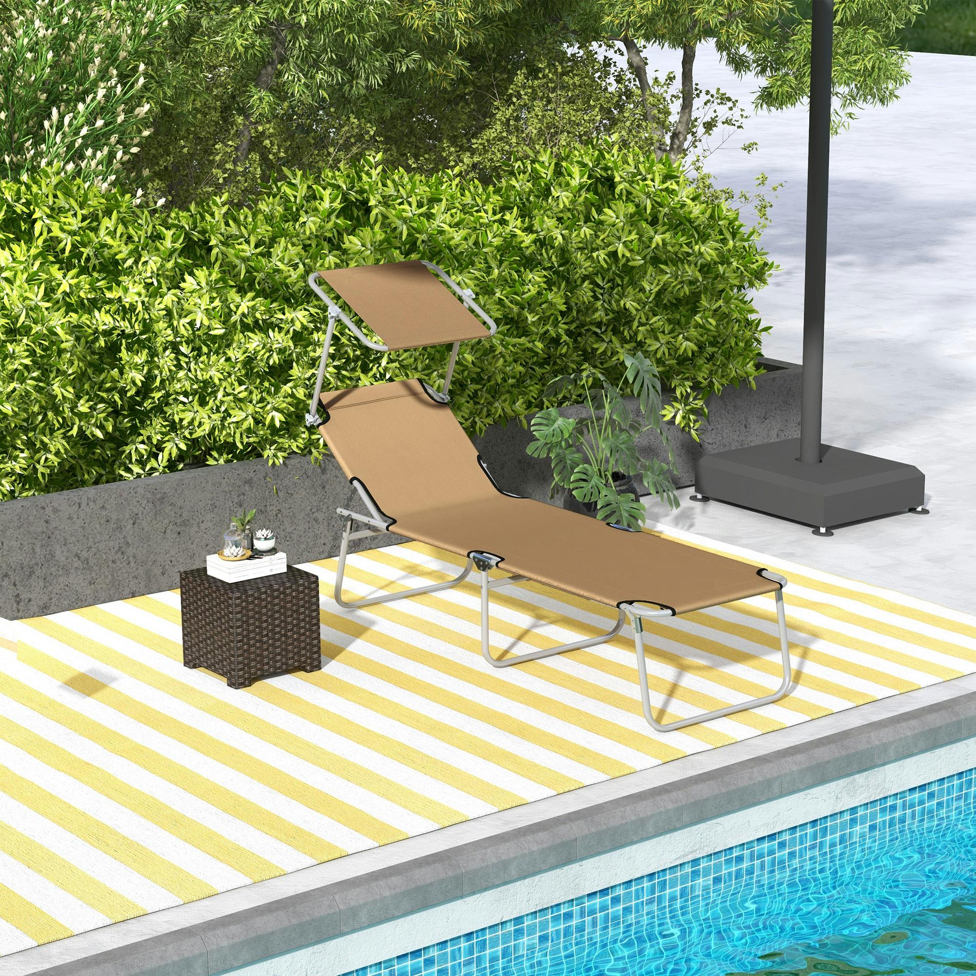 Rackhams Light Folding Chair Sun Lounger W/ Sunshade Garden Recliner Hammock - 1 - Tan