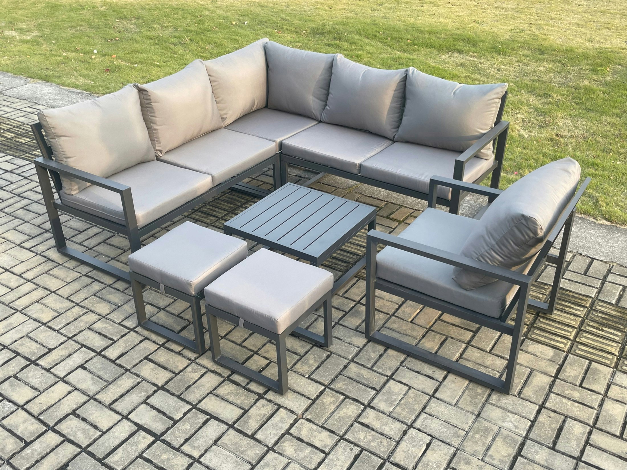 Fimous Dark/Grey Outdoor Garden Furniture Set Aluminium Lounge Sofa Square Coffee Table Sets With Chair 2 Small Footstools Indoor Conservatory Set