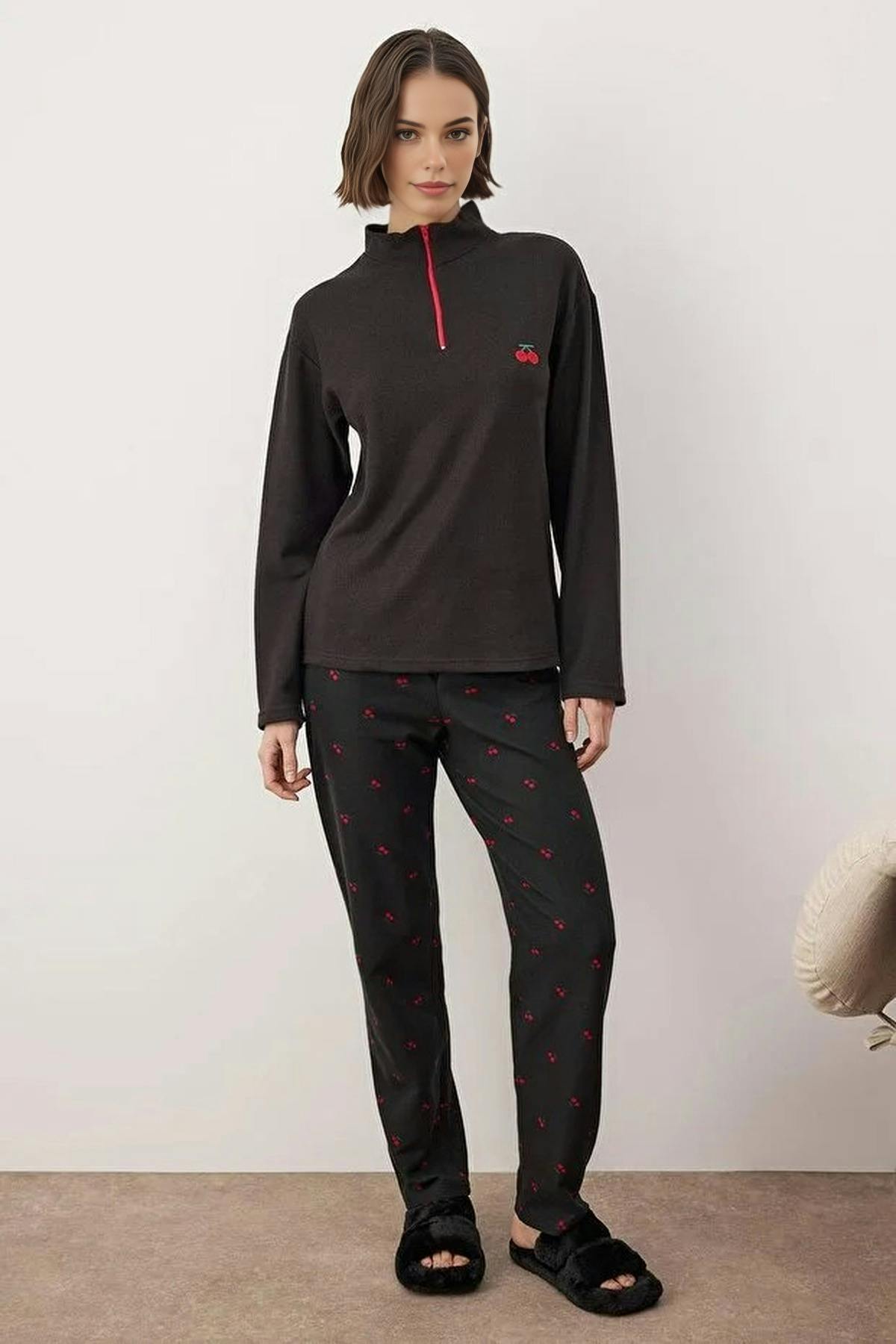 Wovcor Black 2-Piece Cherry Patterned Zippered Soft Winter Waffle Knit Pajama Set - Xl