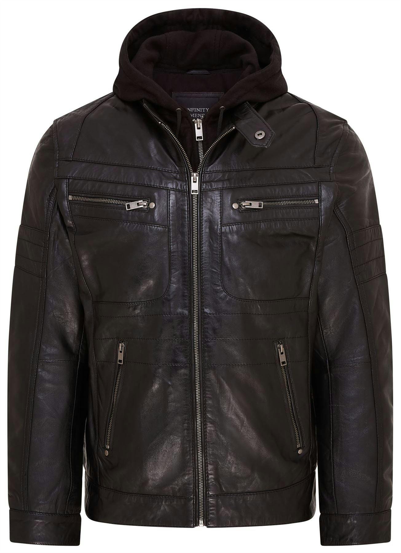 Infinity Leather Men's Black Hooded Leather Biker Jacket - Stavern - Uk 3XL | Eu 56 | Us 46