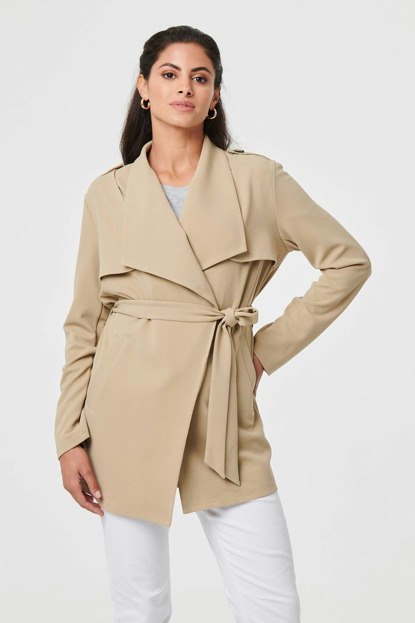 Izabel London Self Tie Thigh Length Lightweight Coat - Khaki - 8