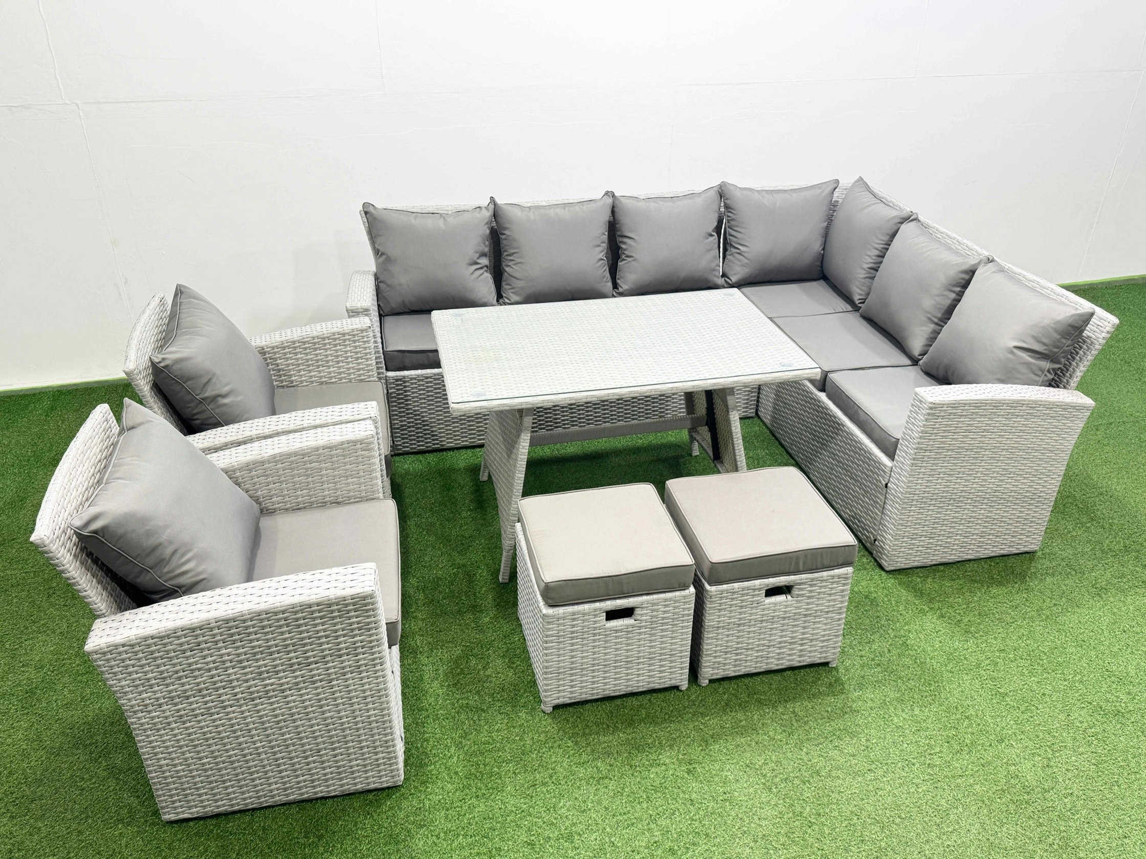 Rackhams Light/Grey 10 Seater Garden Outdoor Rattan Furniture Set Rattan Corner Sofa Oblong Dining Table With 2 Armchairs 2 Small Footstools Mixed