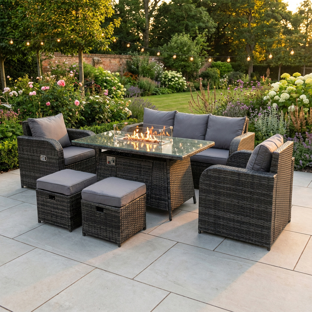 Fimous Dark/Grey 7 Seater Rattan Garden Furniture Set With Gas Fire Pit Table, Sofa, 2 Chairs & 2 Footstools - Mixed