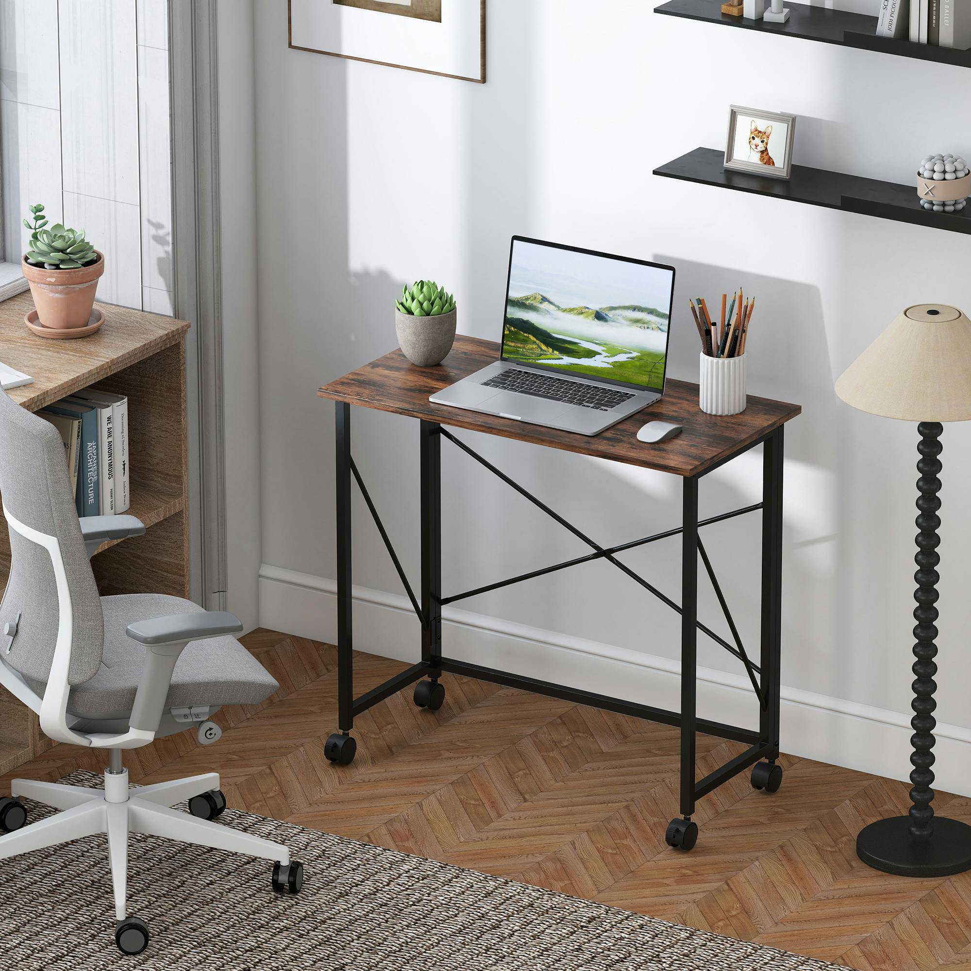 Homcom Brown Folding Desk On Wheels, Writing Table For Home Office, Natural - Rustic - 40 - 80