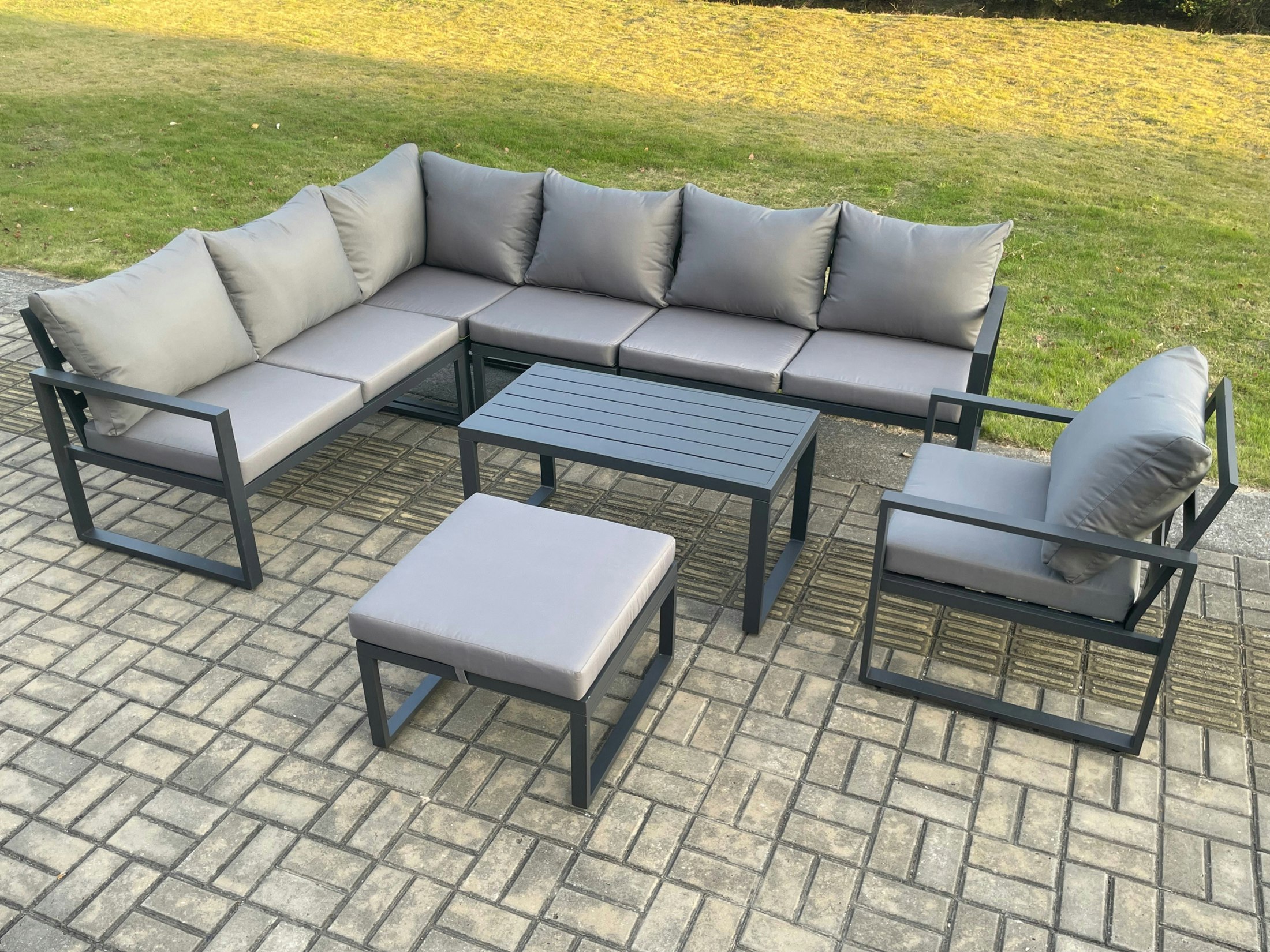 Fimous Dark/Grey Aluminium Garden Furniture Set Outdoor Indoor Lounge Corner Sofa Chair Oblong Coffee Table Sets With Big Footstool