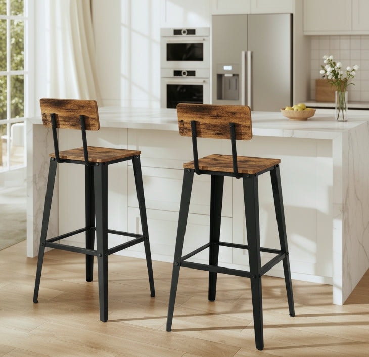 Rackhams Brown/Black Bar Stool Set Of 2 Rustic & Industrial Kitchen Chairs With Backrest & Footrest
