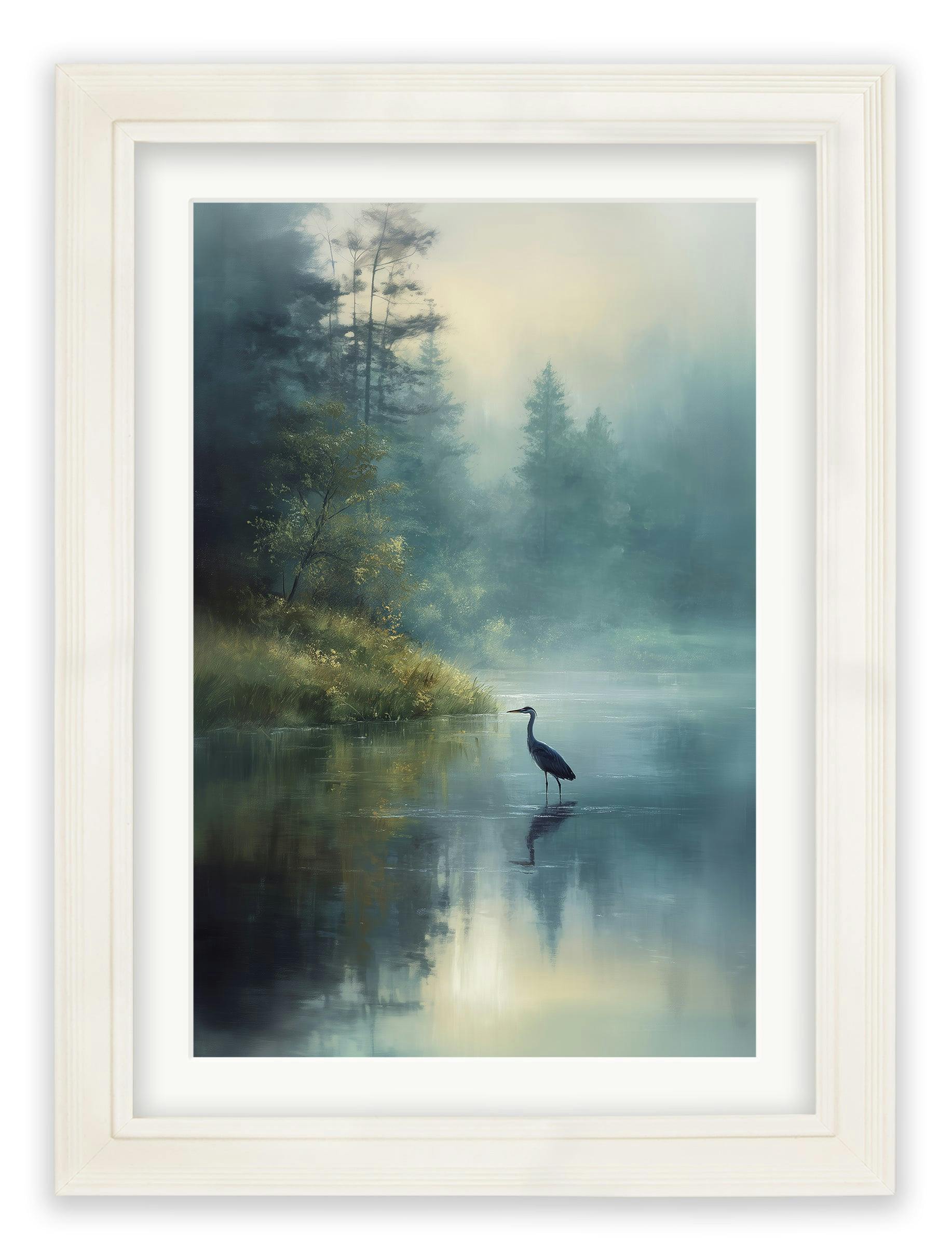Rackhams Cream Misty Lake Heron - Hurstwood Frame - Misty Lake Heron - 38 X 50Cm (A3)