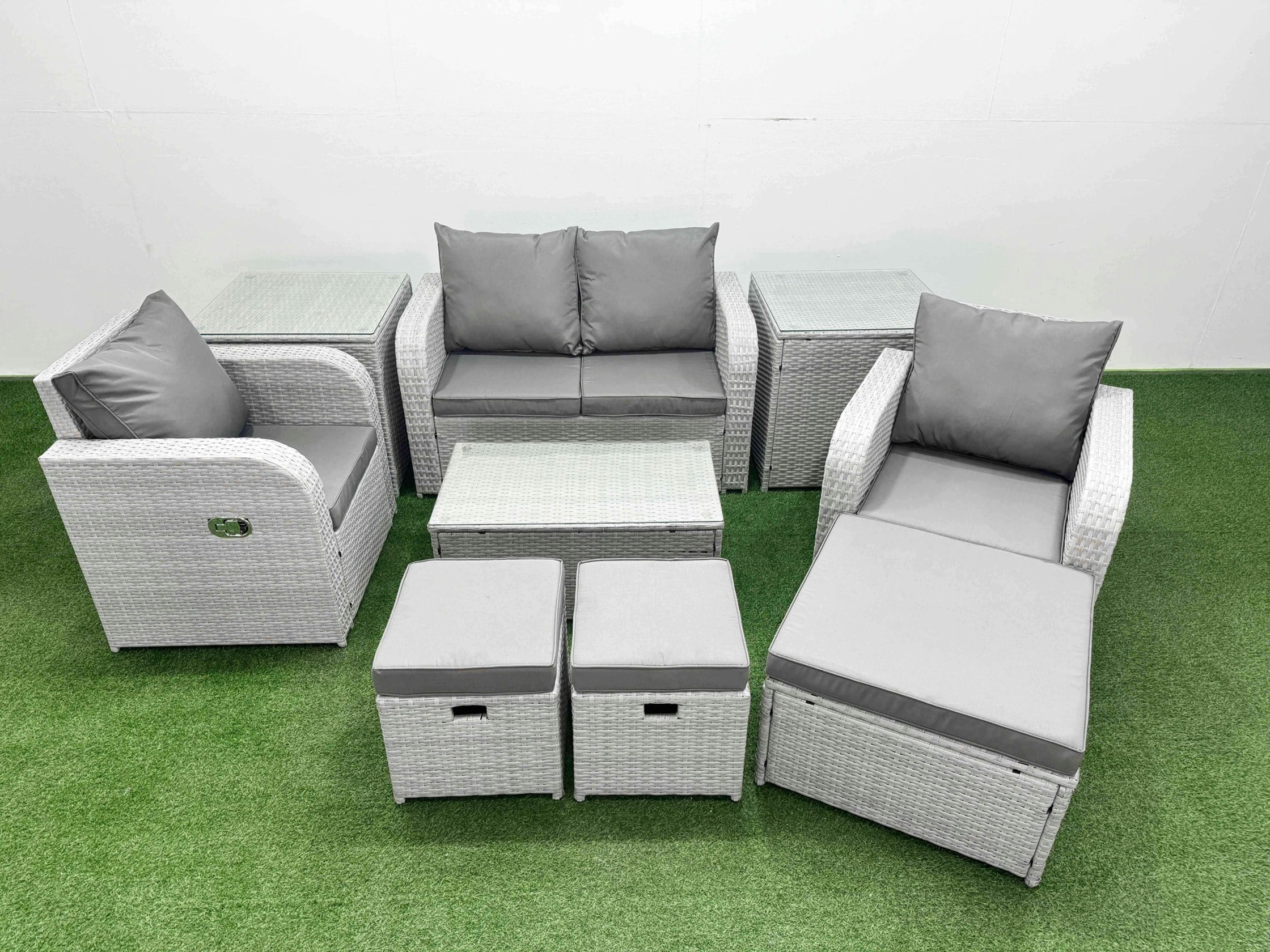 Rackhams Light/Grey 7-Seater Pe Wicker Rattan Garden Furniture Set - Reclining Adjustable Chair Sofa With Rectangular Coffee Table & 3 Small Stools