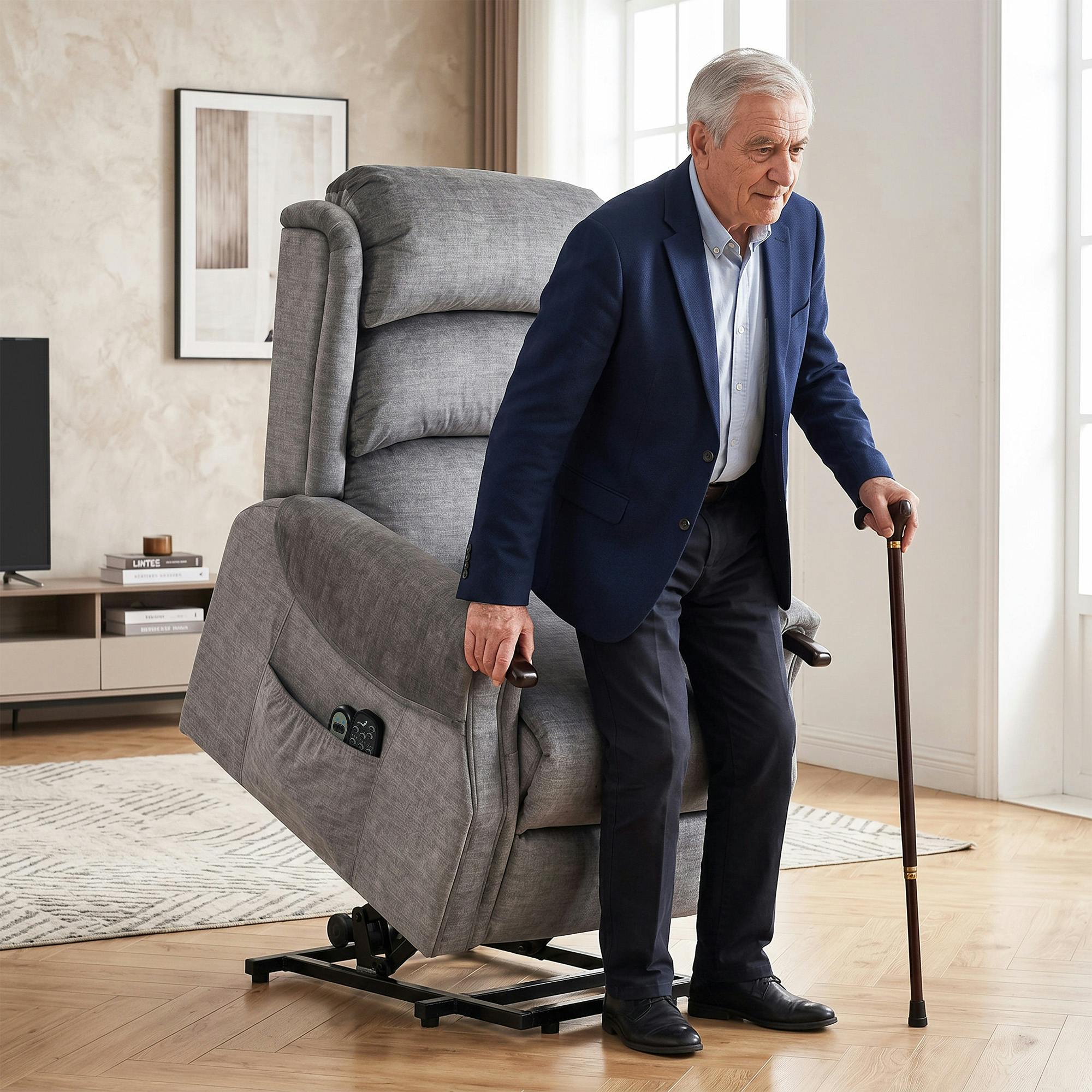 Rackhams Light/Grey Power Lift Recliner Chair With Vibration And Heat, Wood Grip