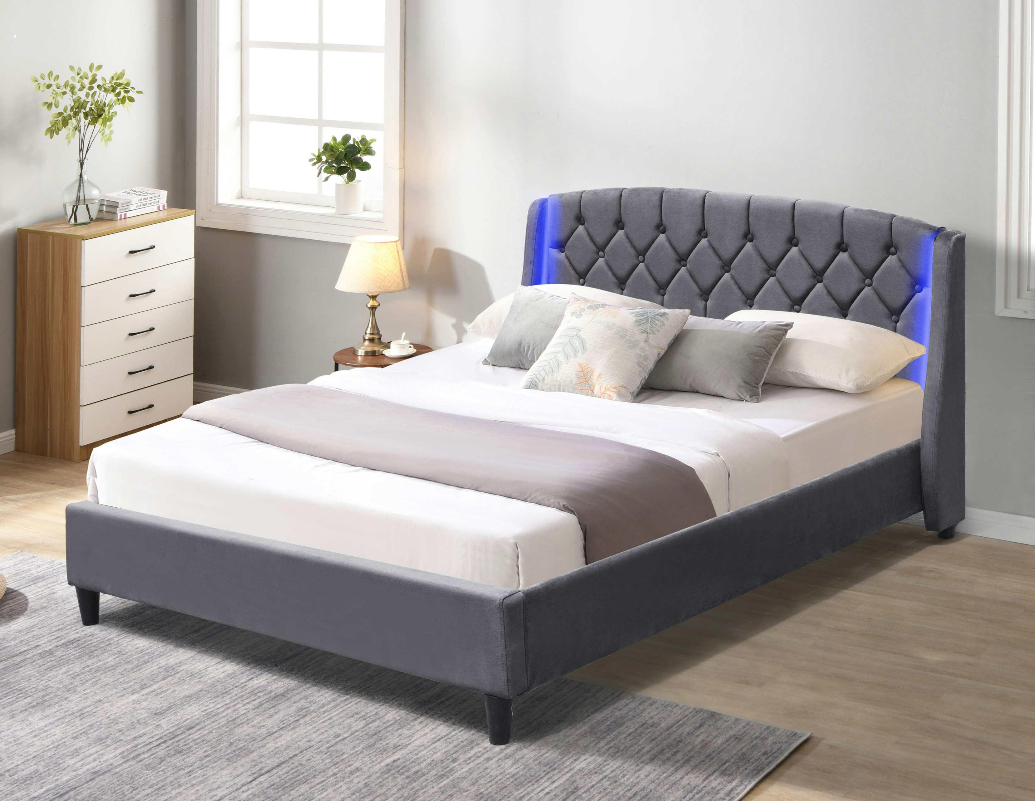 Comfy Living Grey/Green Fabric Bedframe With Led Headboard 3Ft 4Ft6 5Ft Bedroom Furniture - King