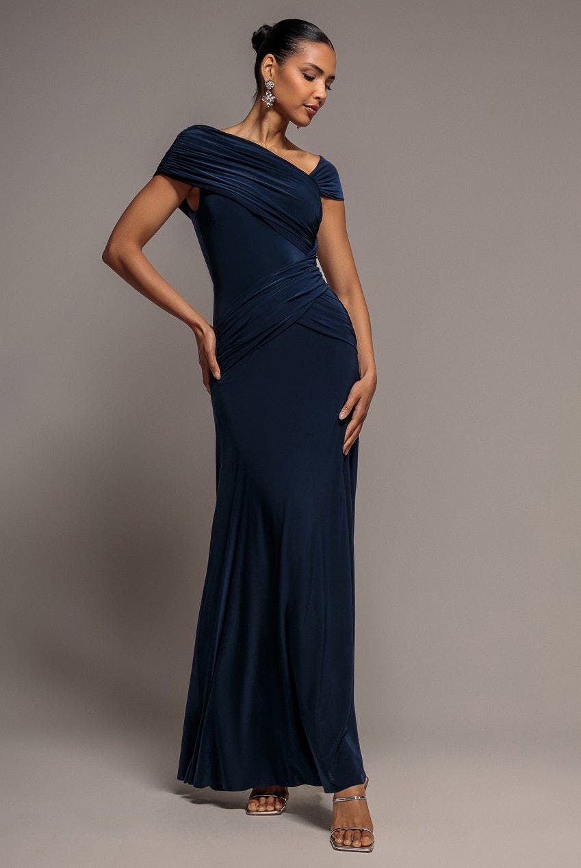 Goddiva Blue Asymmetric Neck Gathered Waist Maxi Dress - Navy By - Navy - 14