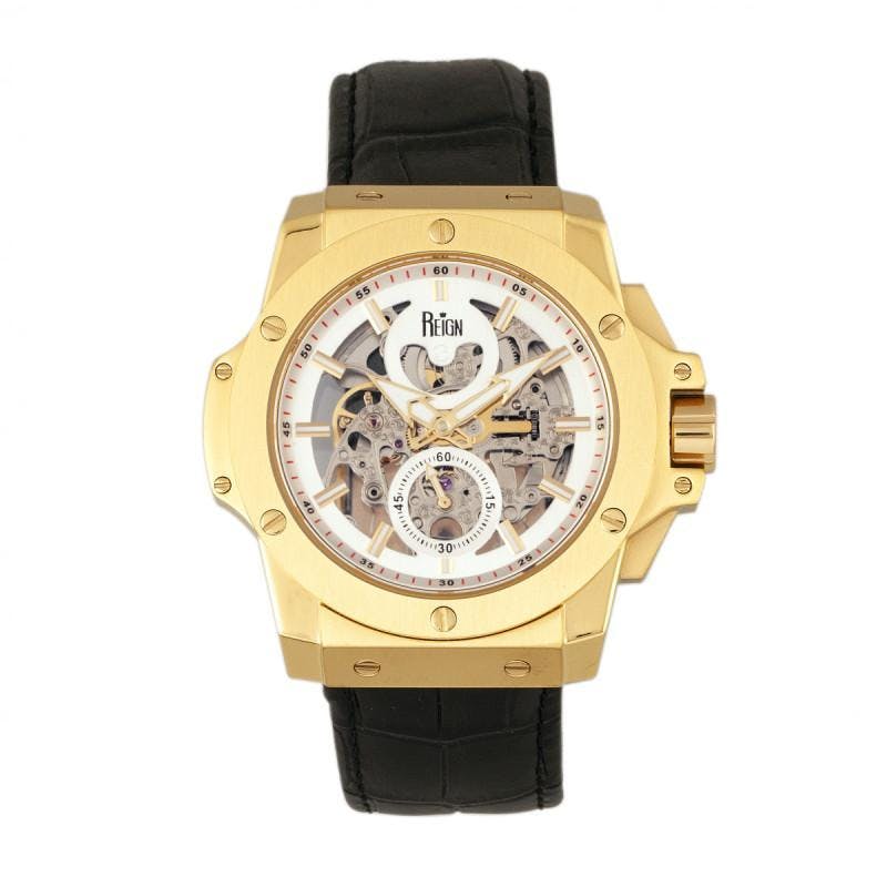 Reign Men's Gold/Silver Commodus Automatic Skeleton Watch - Leather Band