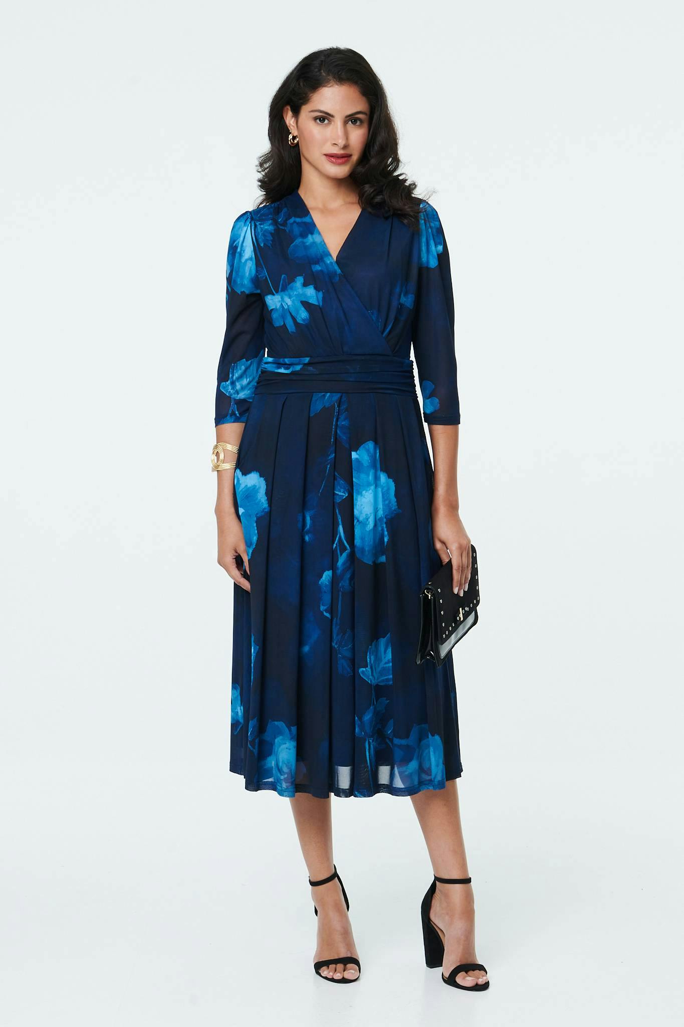 Izabel London Blue Printed Ruched Faux Wrap Midi Dress - 18