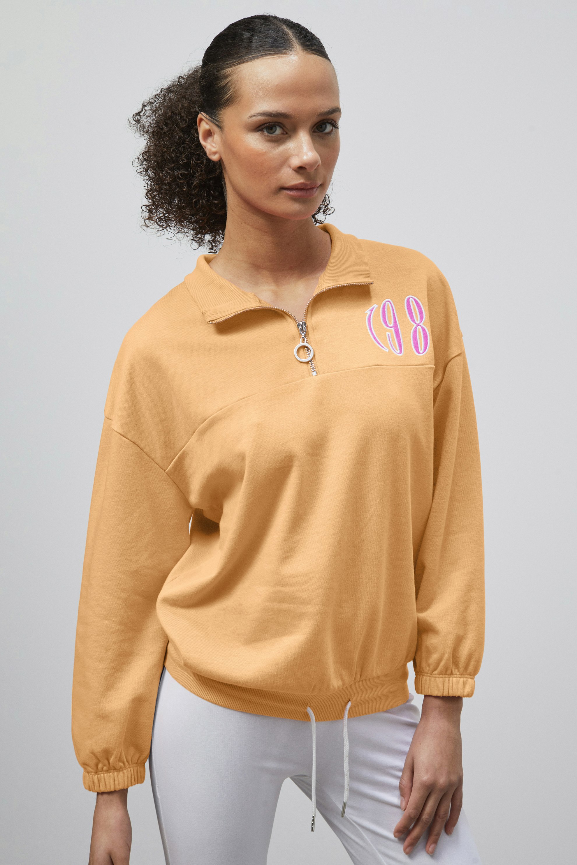 Enorsia Orange Half Zip High Neck Embroidery Sweatshirt - 16 - 77% Cotton 23% Polyester
