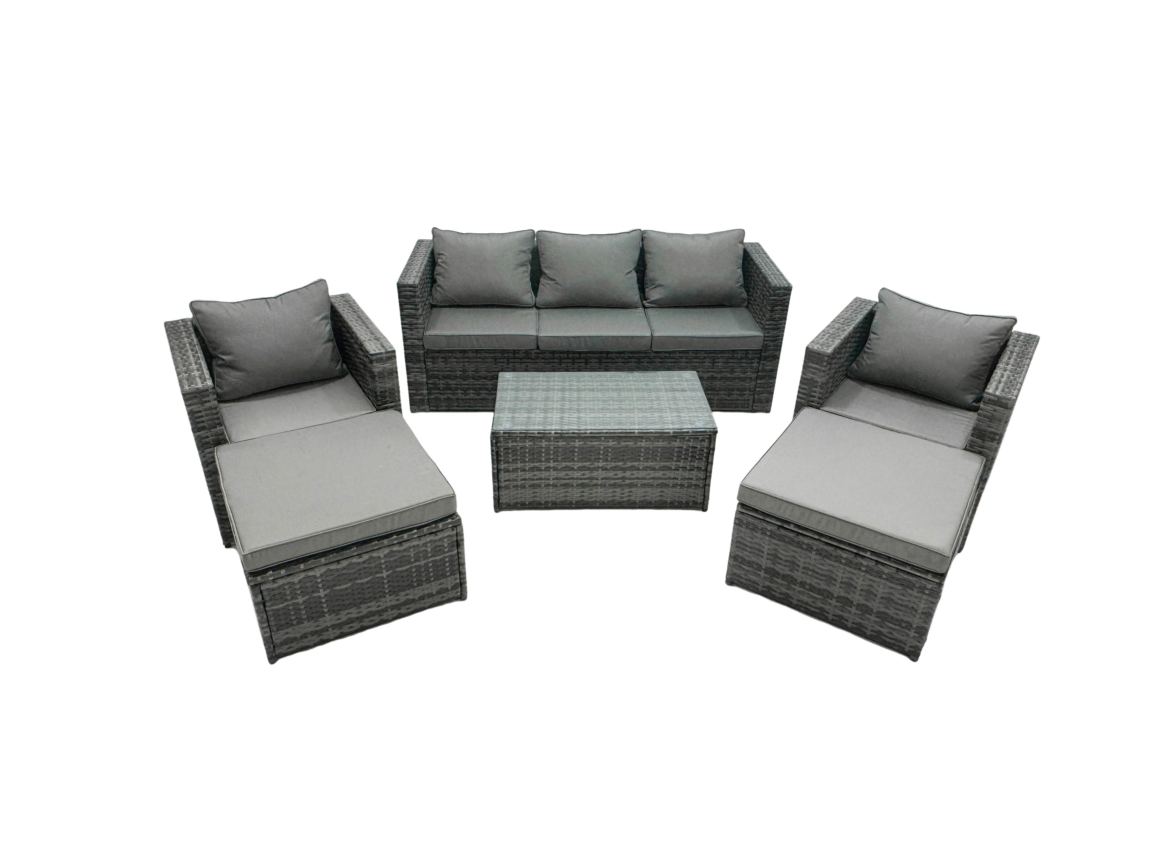 Fimous Dark/Grey Rattan Garden Furniture Dining Set 7 Seater Patio Coffee Table Sofa Set With 2 Armchair 2 Big Footstools Mixed