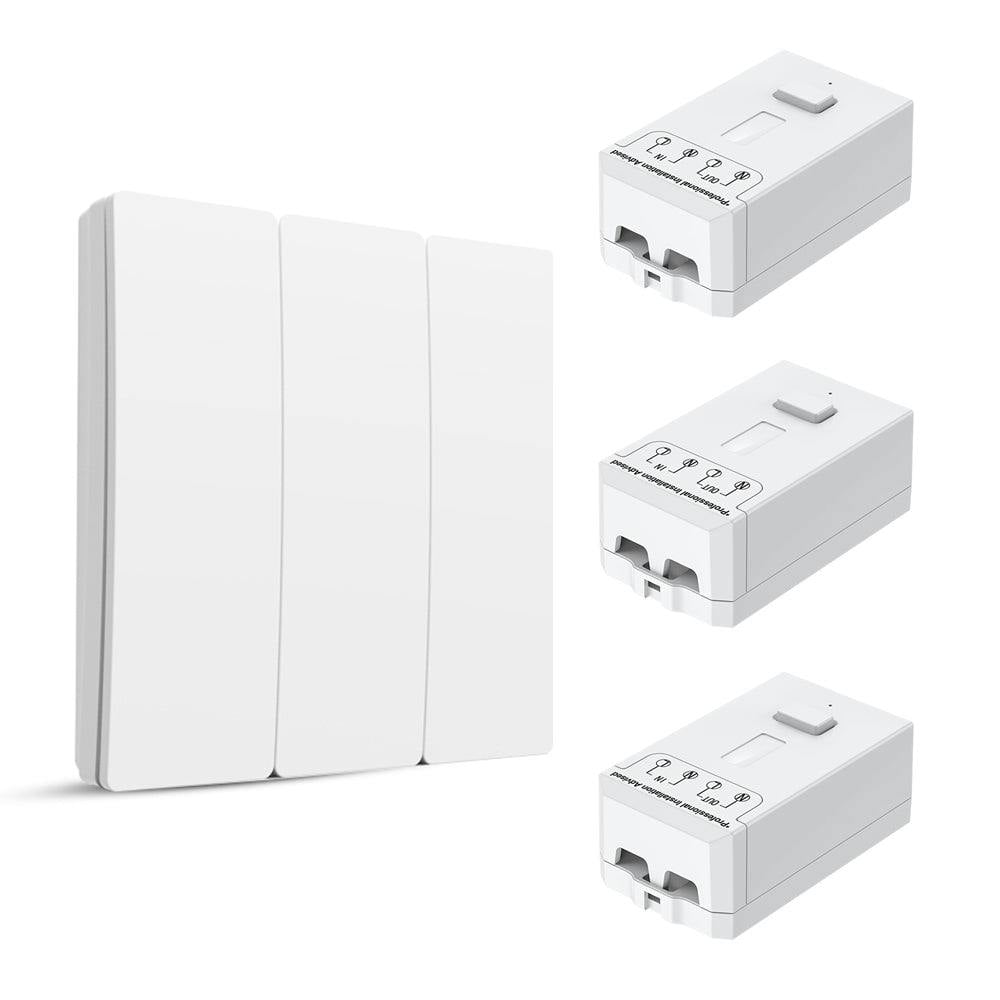 Ener-J White 3-Gang Wireless Kinetic Switch & 3X 500W Rf Receiver Kit, Battery-Free Multi-Zone Control