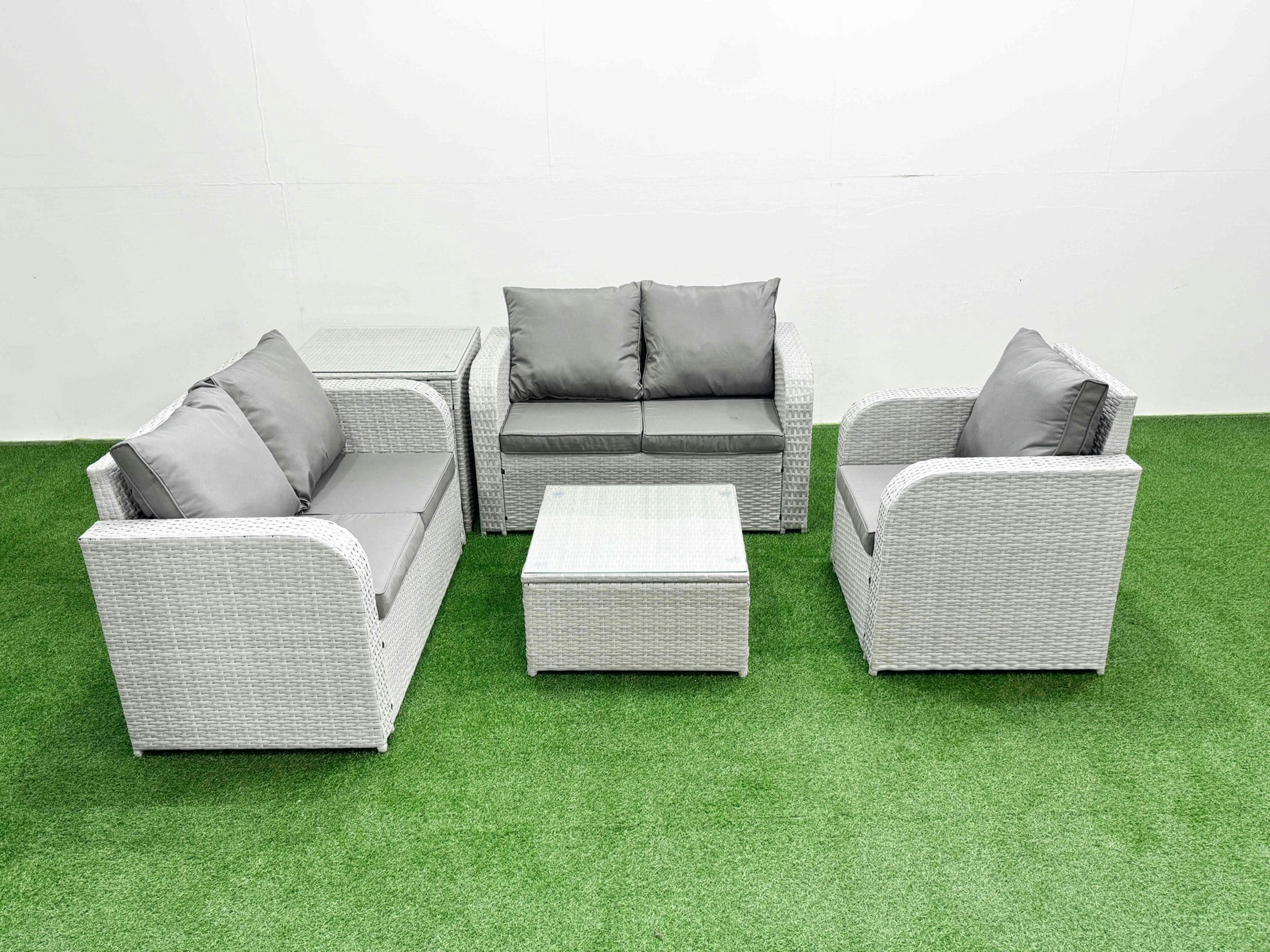 Fimous Light/Grey High Back Rattan Garden Furniture Set With Reclining Chair Loveseat Sofa Square Coffee Table Indoor Outdoor Patio Set Side Table