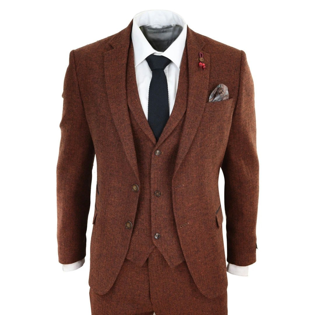 Truclothing Men's 281-02 - Camel 3 Piece Tweed Suit Herringbone Wool Fit - 40" Jacket 34" Trousers