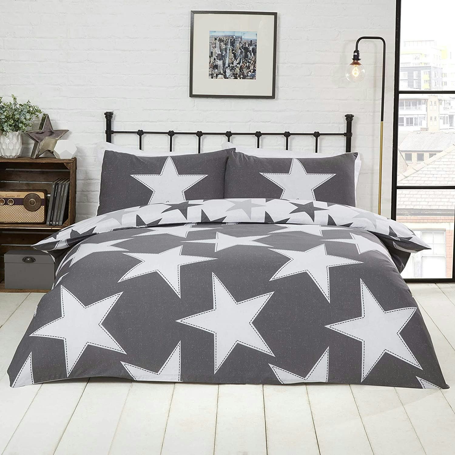 Rackhams Grey Stitched Stars Duvet Cover Set - Single