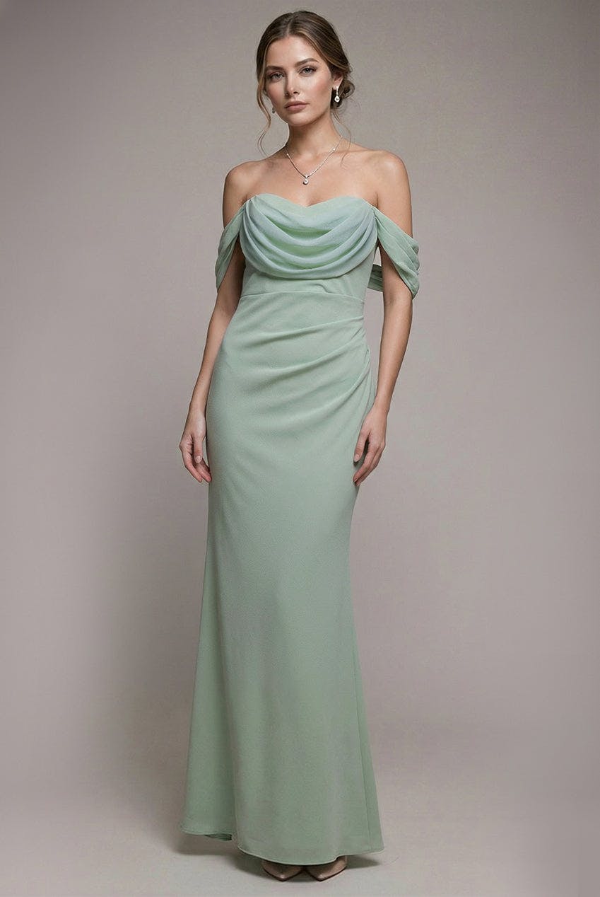 Goddiva Green Petite Bardot Scuba & Chiffon Cowl Maxi Dress - Sage By - Sage - 16