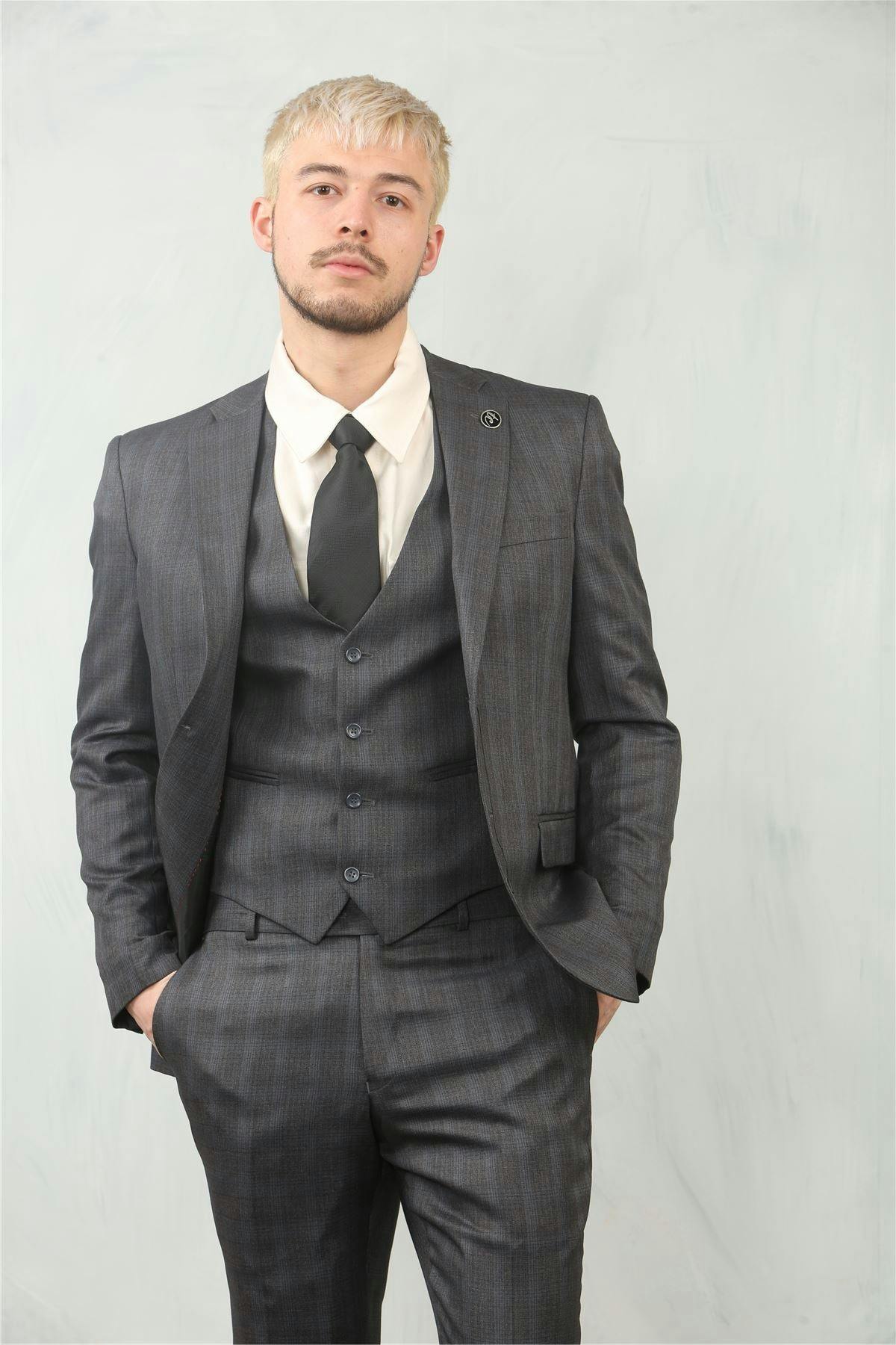 Infinity Leather Men's Grey 3 Piece Prince Of Wales Charcoal Suit Workwear - 46" Jacket 40" Trousers