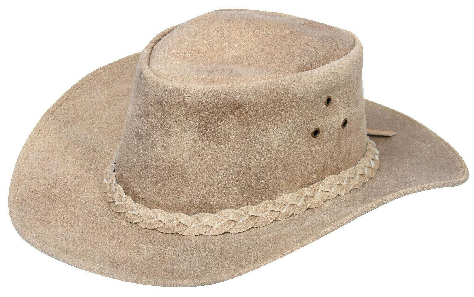 Infinity Leather Brown/Beige/Grain Cowboy Outback Real Vintage Leather Aussie Bush Hat - Camel - Xl