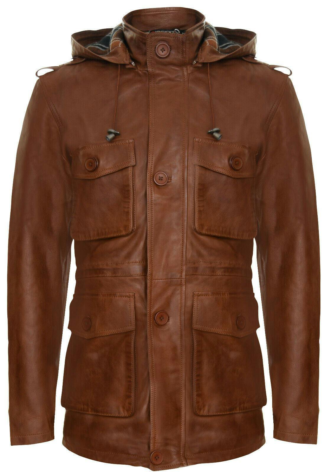 Infinity Leather Men's Hooded Trench Multi-Pocket Overcoat Leather Jacket - Uk S | Eu 46 | Us 36 - Tan