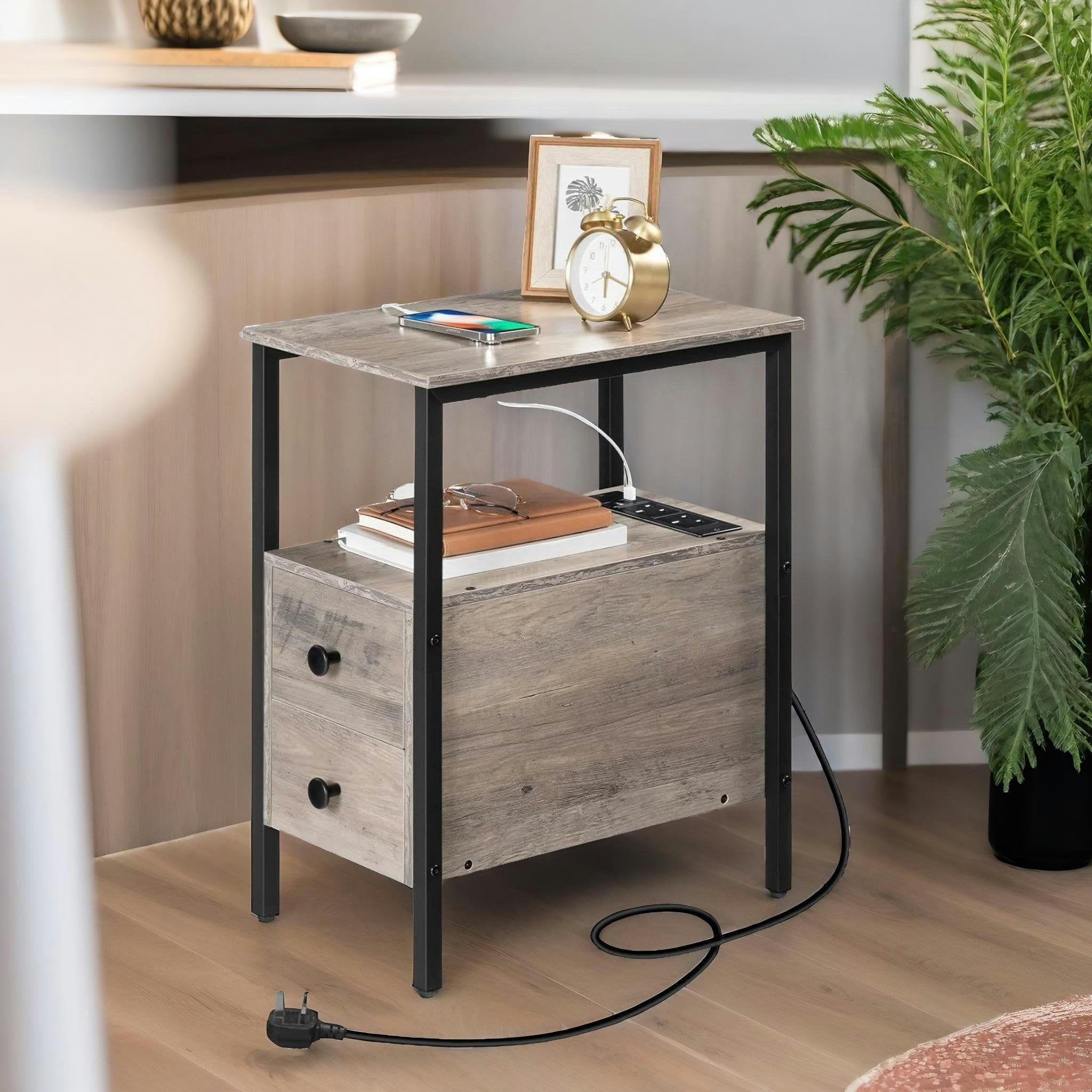 Rackhams Brown/Black/Green Bedside Table With Power Outlet & Usb Ports Greige
