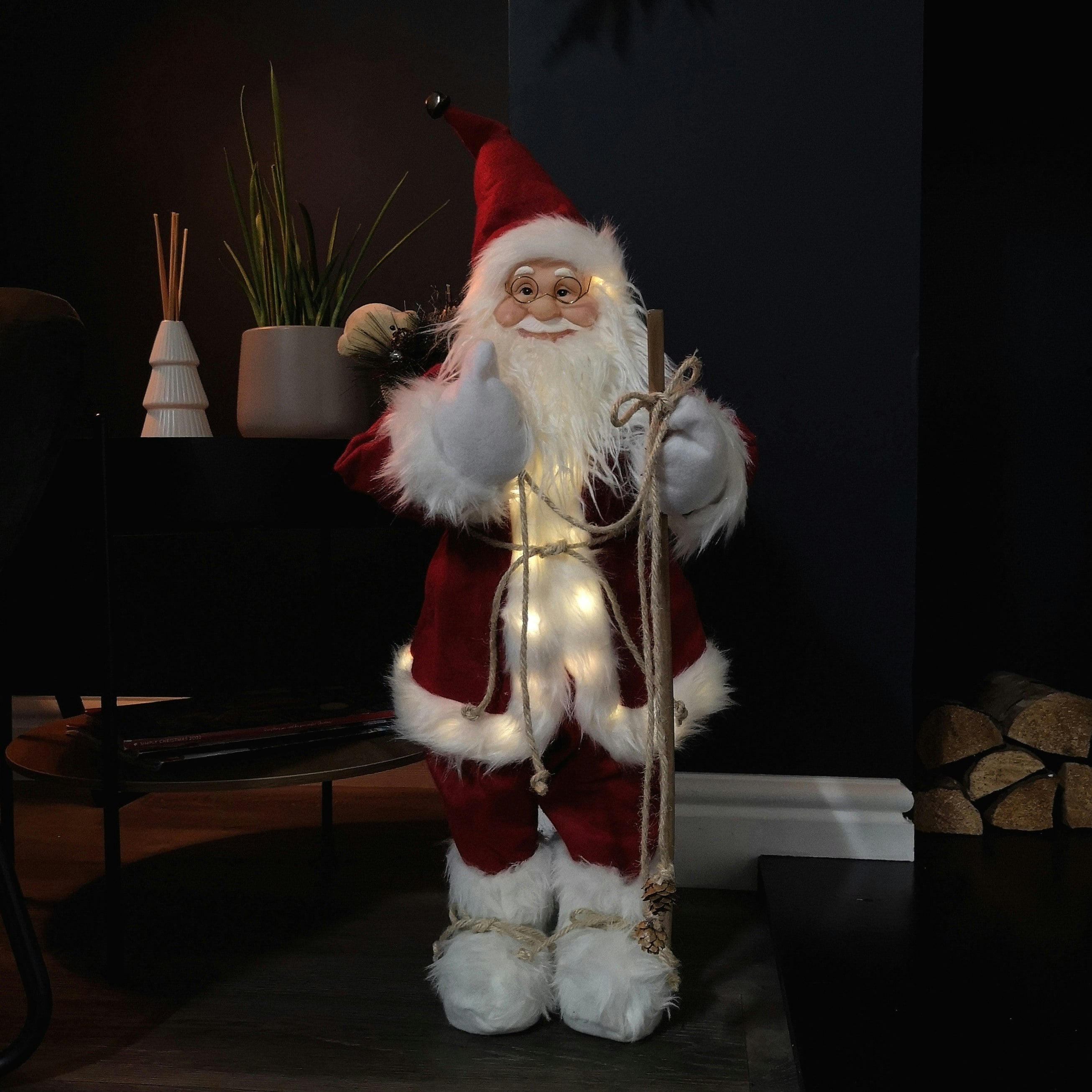 Rackhams Red/Light/Brown 60Cm Battery Operated Standing Up Santa Claus With Woven Sack