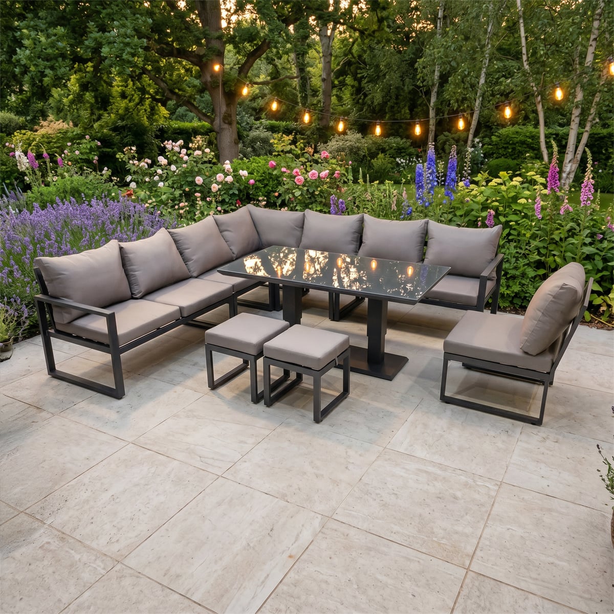 Rackhams Dark/Grey 10 Seater Aluminium Garden Furniture Set With Corner Sofa, 2 Footstools & Rising Dining Table