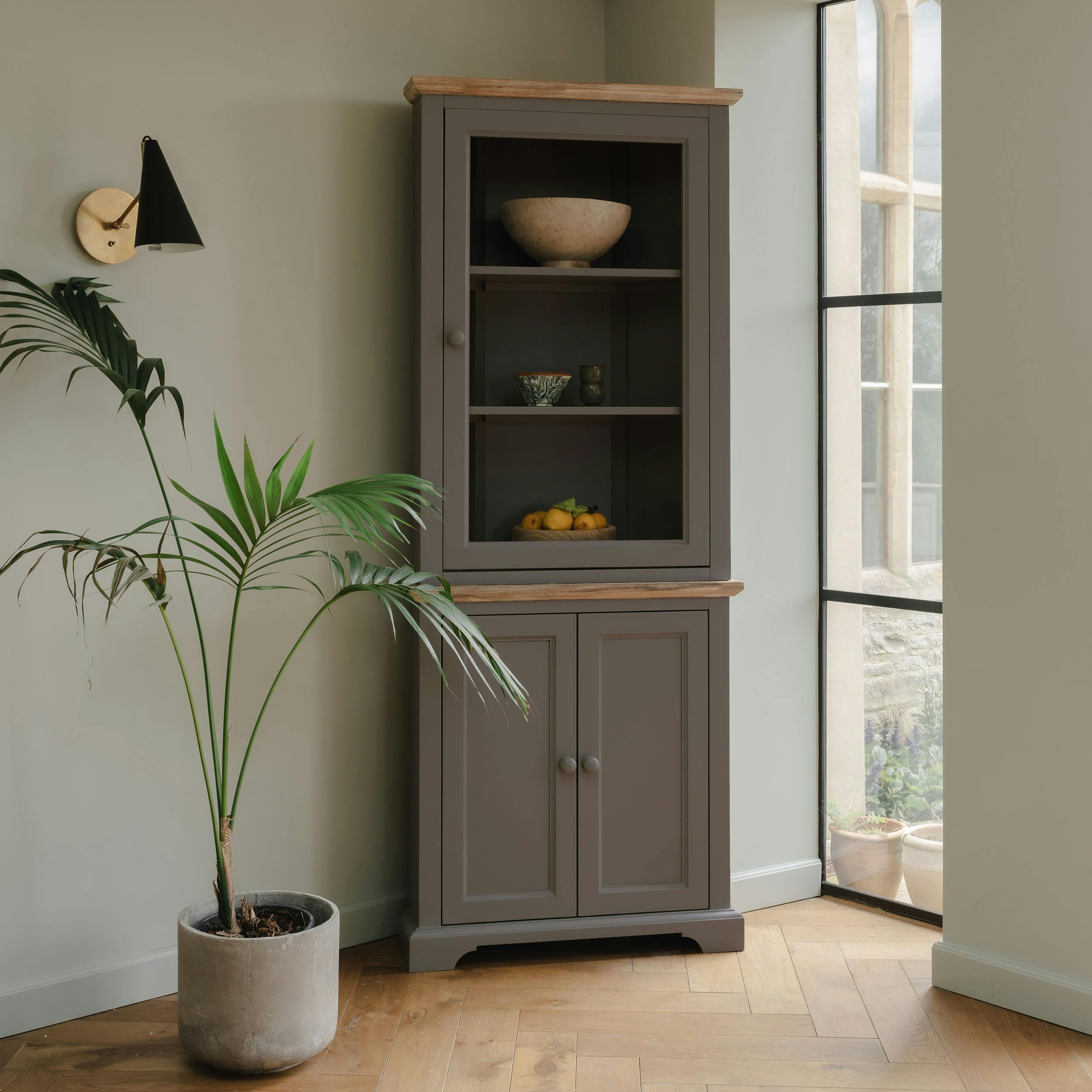 Rackhams Grey Florence Corner Display Cabinet, Glass Door Assembled Dresser - Dove