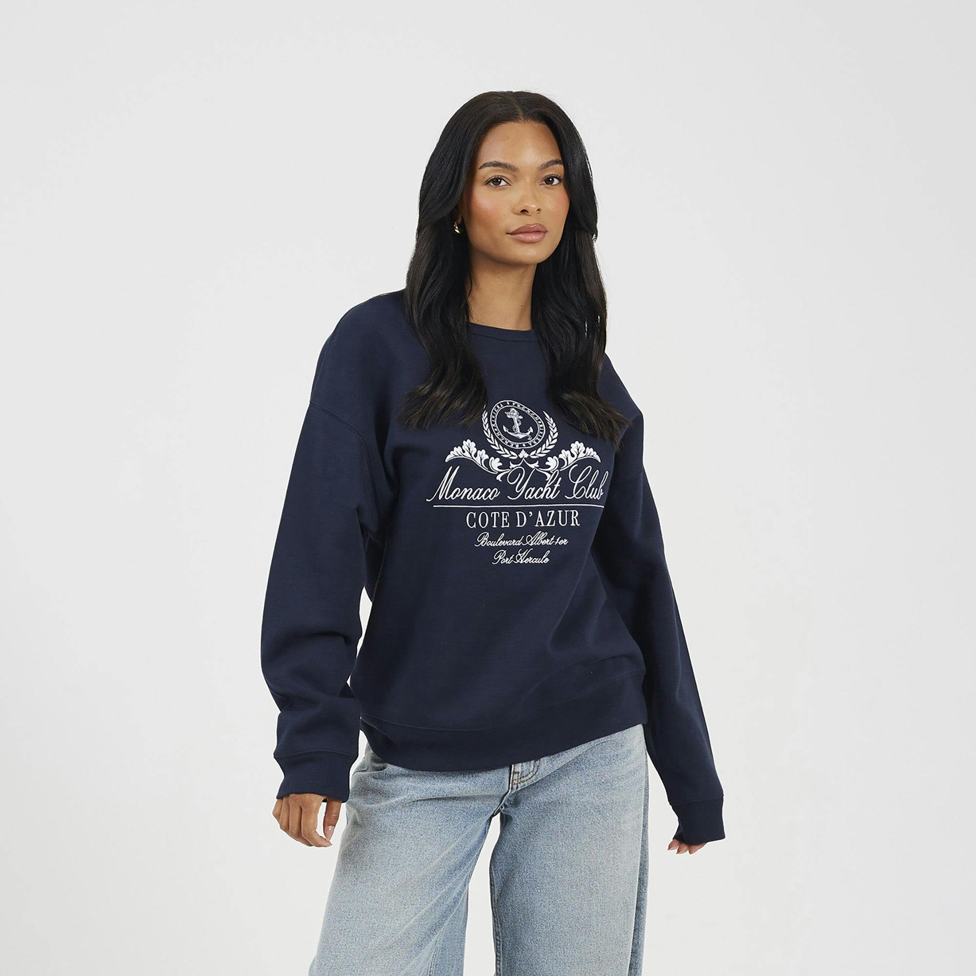 Brave Soul Crew Neck Embroidered Sweatshirt - Navy - Navy - Xs
