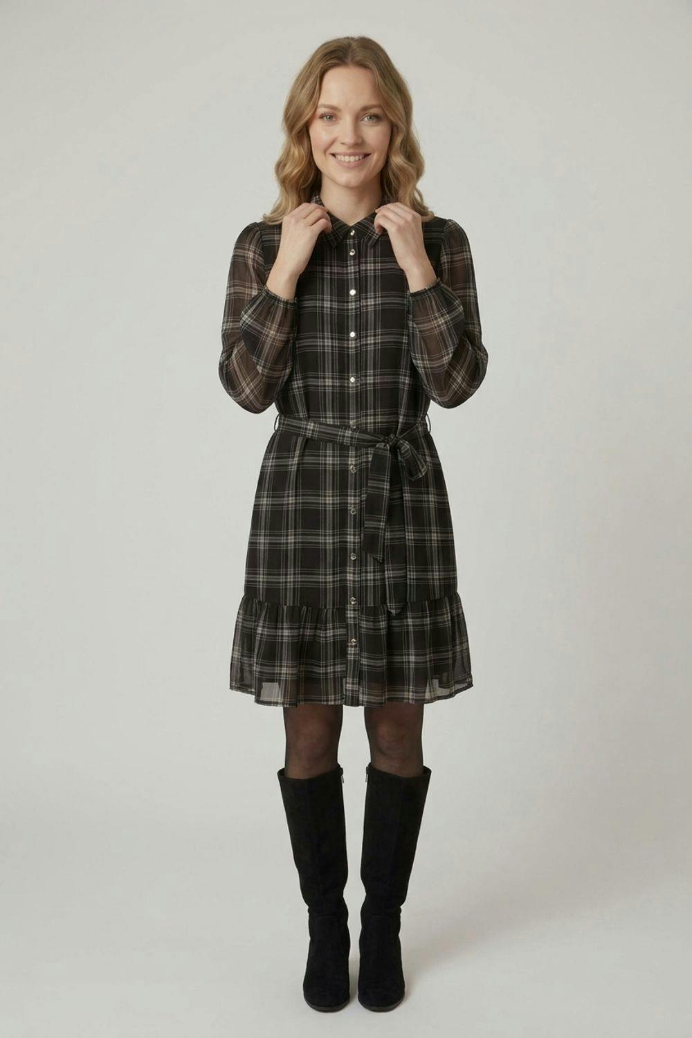 Izabel London Black Checked Long Sleeve Short Shirt Dress - 12