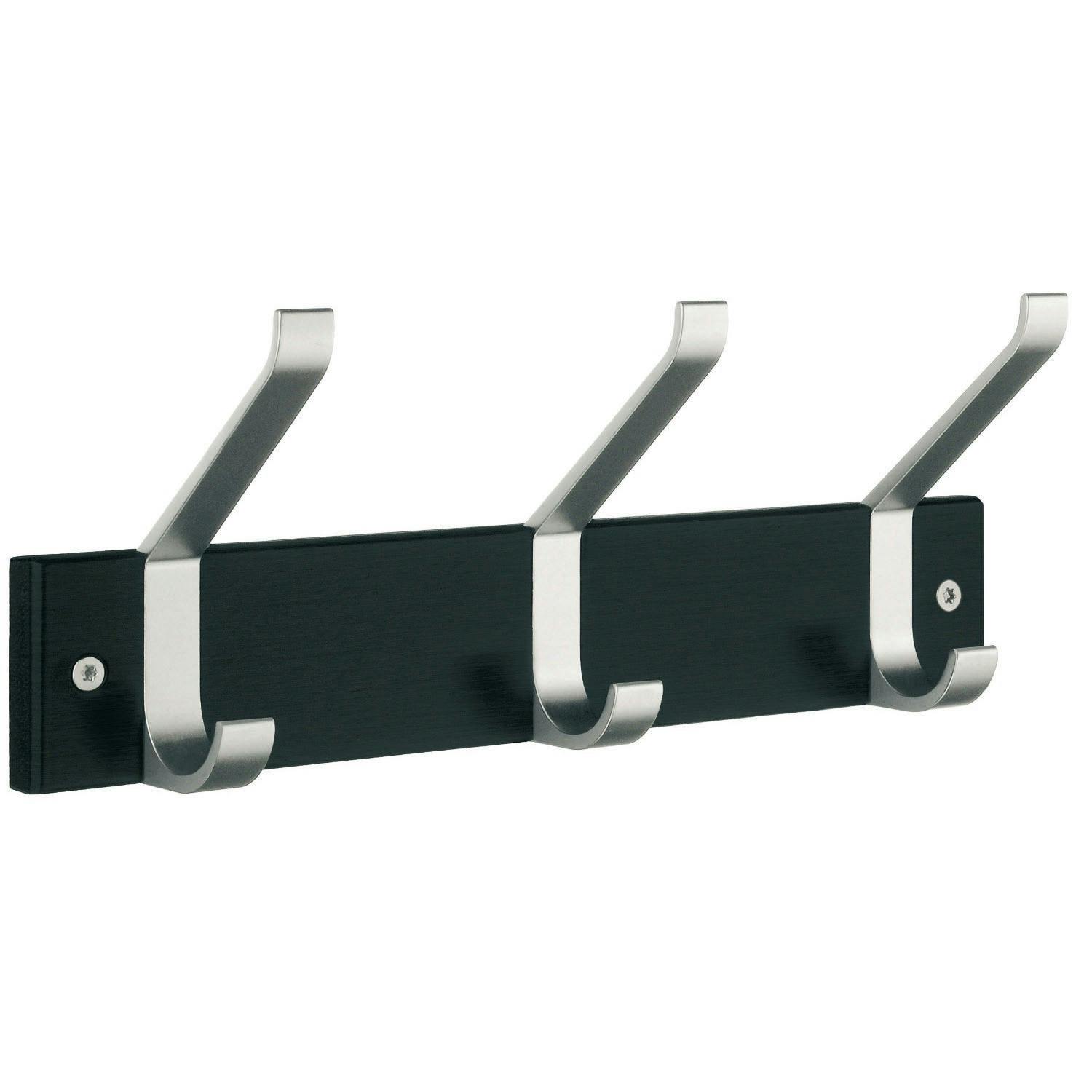 Rackhams Black Triple Hook Coat And Hat Rack, Wood/Satin Aluminium, Width 346Mm