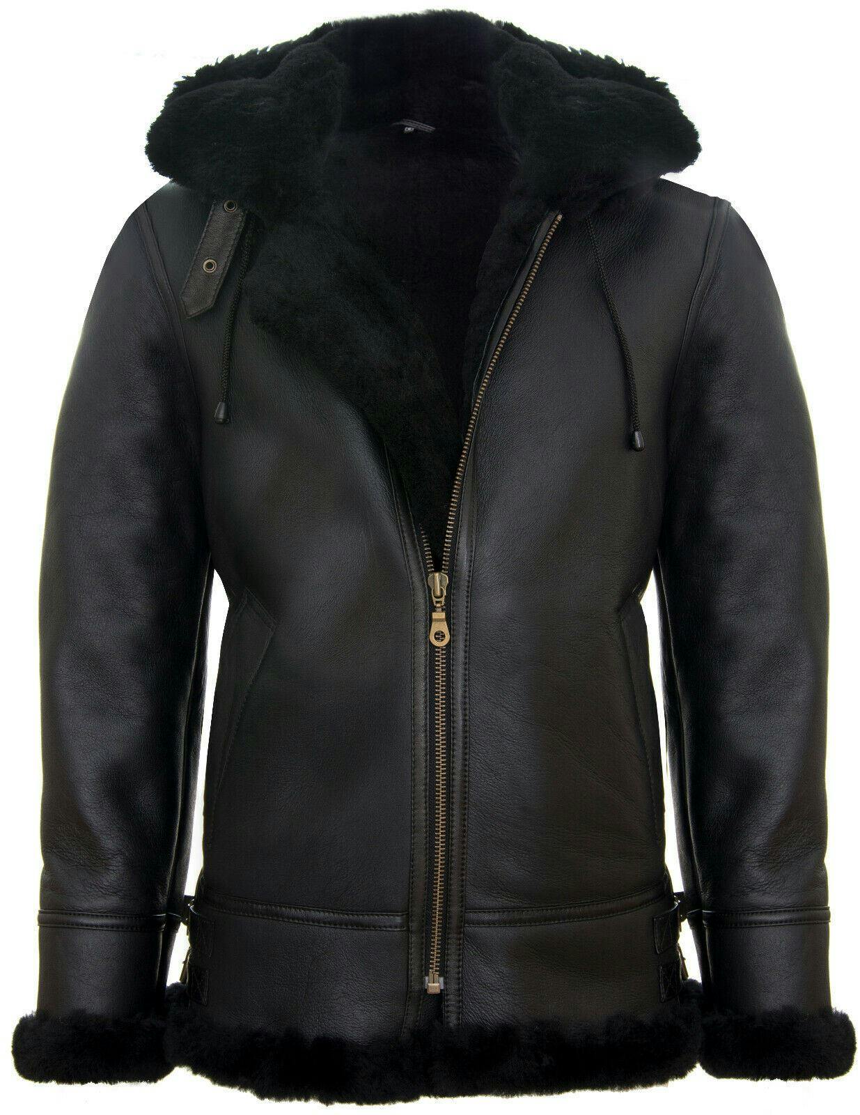 Infinity Leather Men's Black Hooded Sheepskin Leather B3 Flying Jacket-Columbus - Uk S | Eu 46 | Us 36