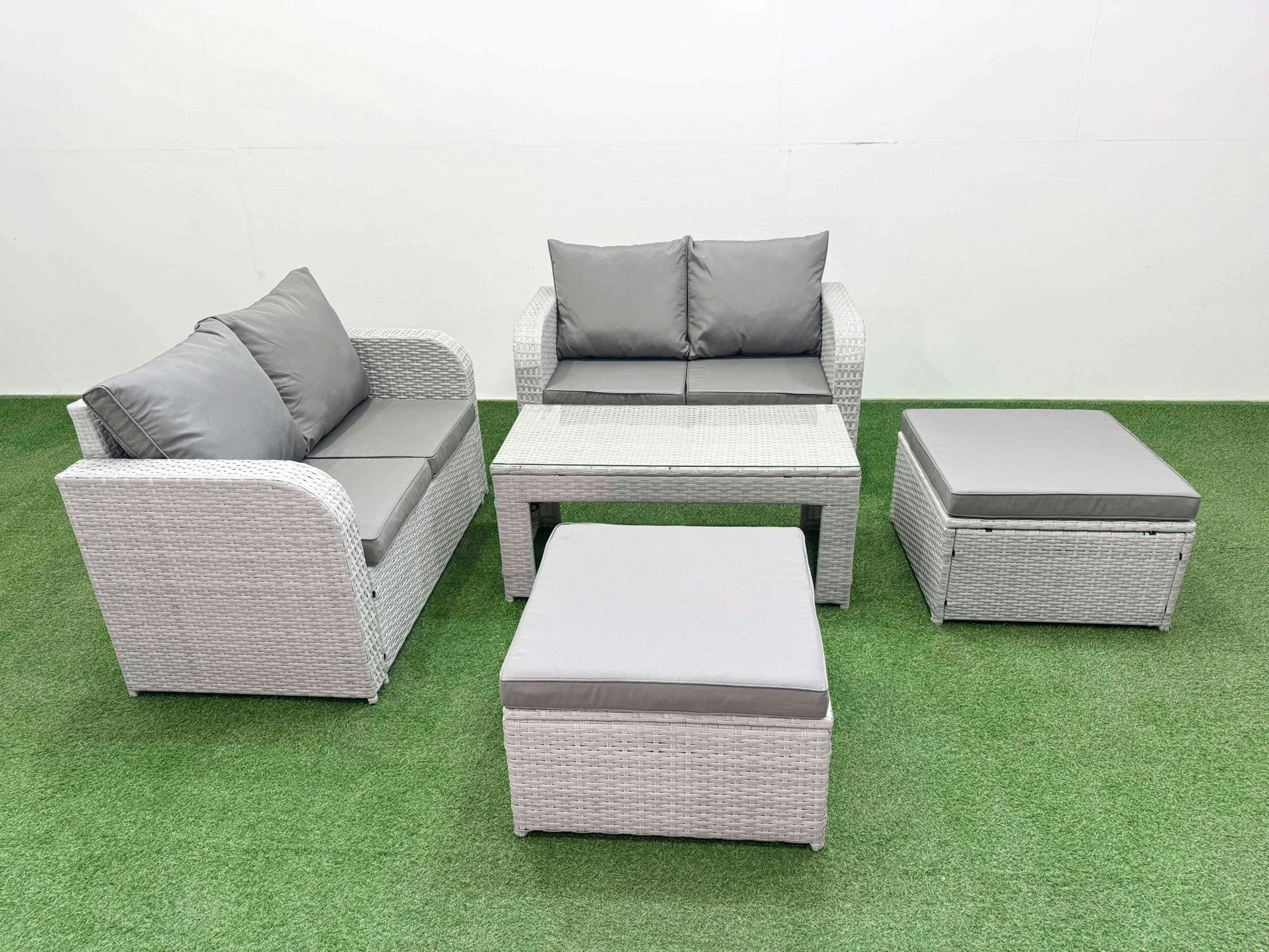 Rackhams Light/Grey 6 Seater Outdoor Love Sofa Set Rattan Garden Furniture Set With Oblong Coffee Table 2 Footstool