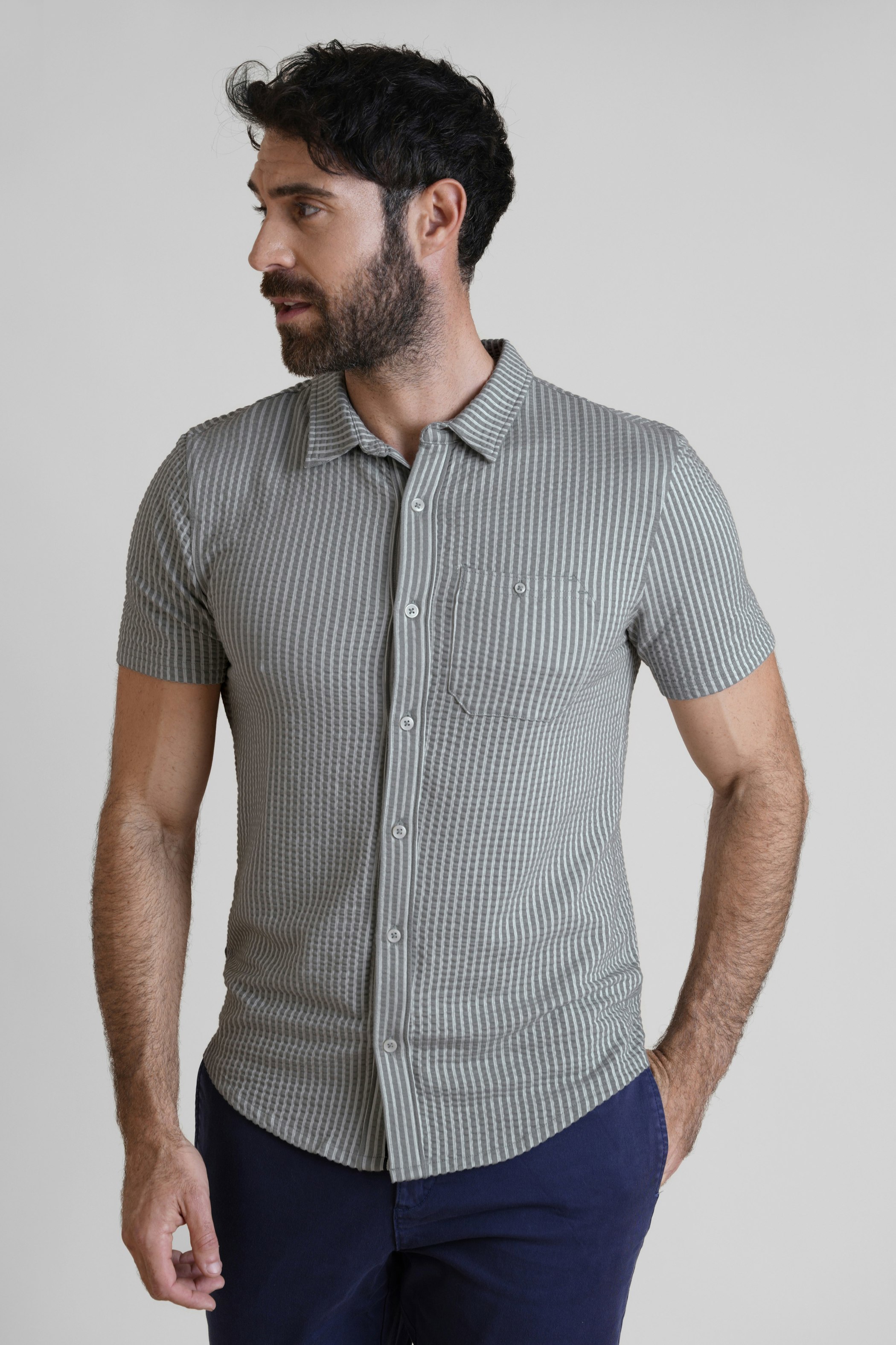 Enorsia Grey Jersey Searsucker Stripe Short Sleeve Shirt - M - 60% Cotton, 40% Polyester