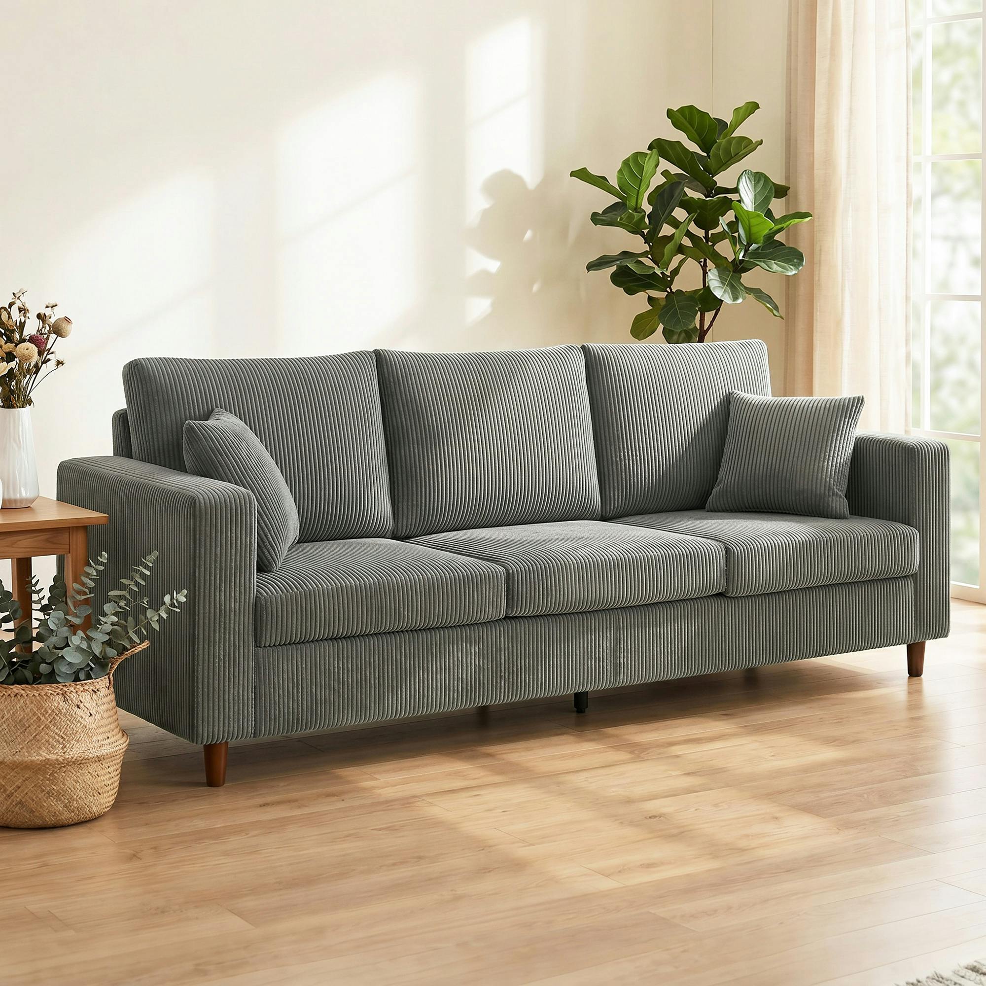 Homcom Light/Grey 3 Seater Sofa With Wide Seat, Corduroy Upholstered,