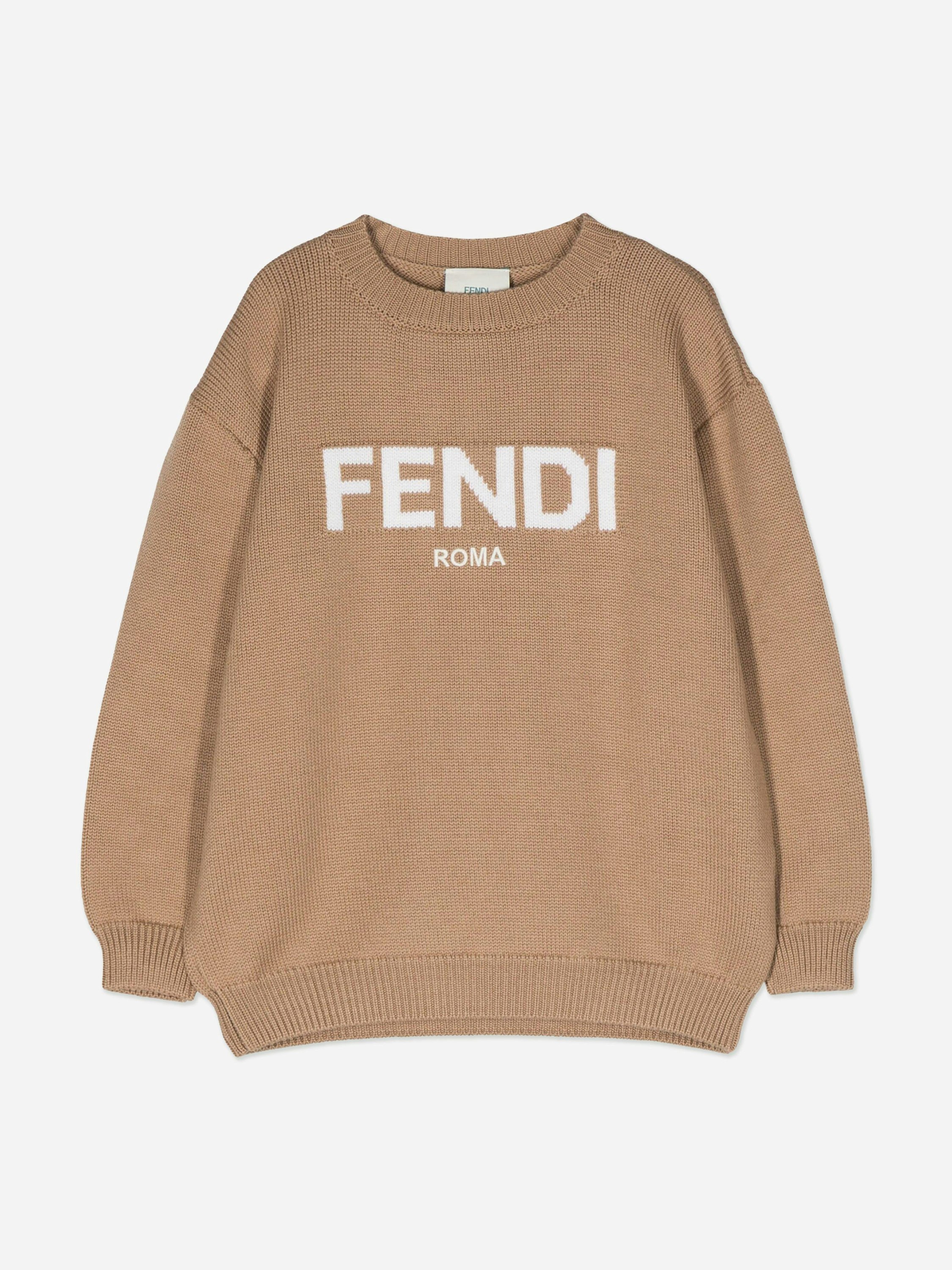 Fendi Kids Brown Wool Knitted Logo Jumper In - 8 Yrs