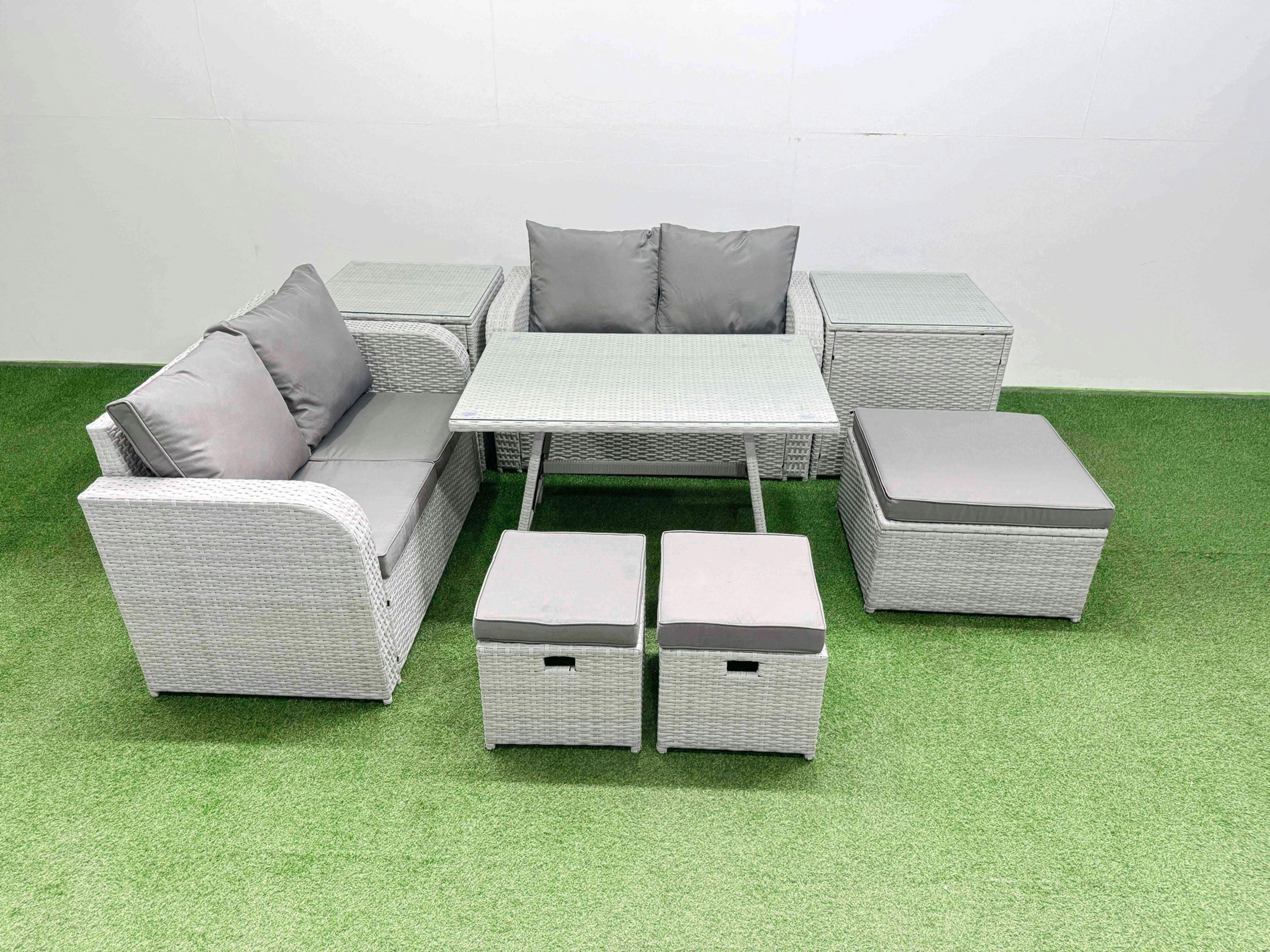 Fimous Light/Grey 7 Seater Outdoor Love Sofa Set Rattan Garden Furniture Set With Rectangular Dining Table 2 Side Tables 3 Footstools